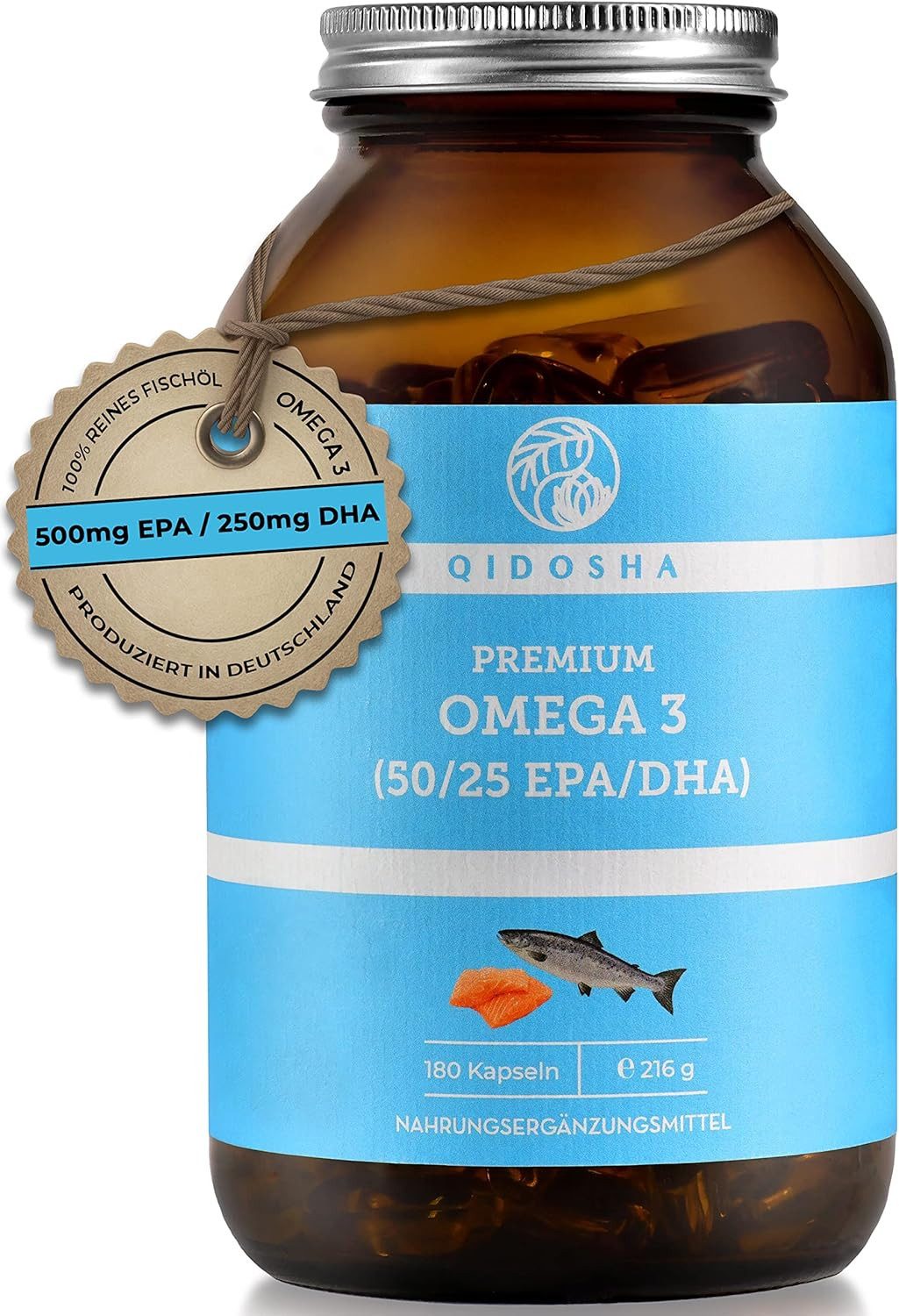 QIDOSHA Omega 3 Fettsäuren aus Fischoel mit hohem EPA- und DHA-Anteil Kapseln, hochdosiert, 180 Stk im Glas, 1000 mg Premium Fischöl (TG) mit 500 mg EPA und 250 mg DHA, Omega 3 Fettsäuren aus nachhaltigem Fischfang, ohne Vitamin E à 180 St., 216 g