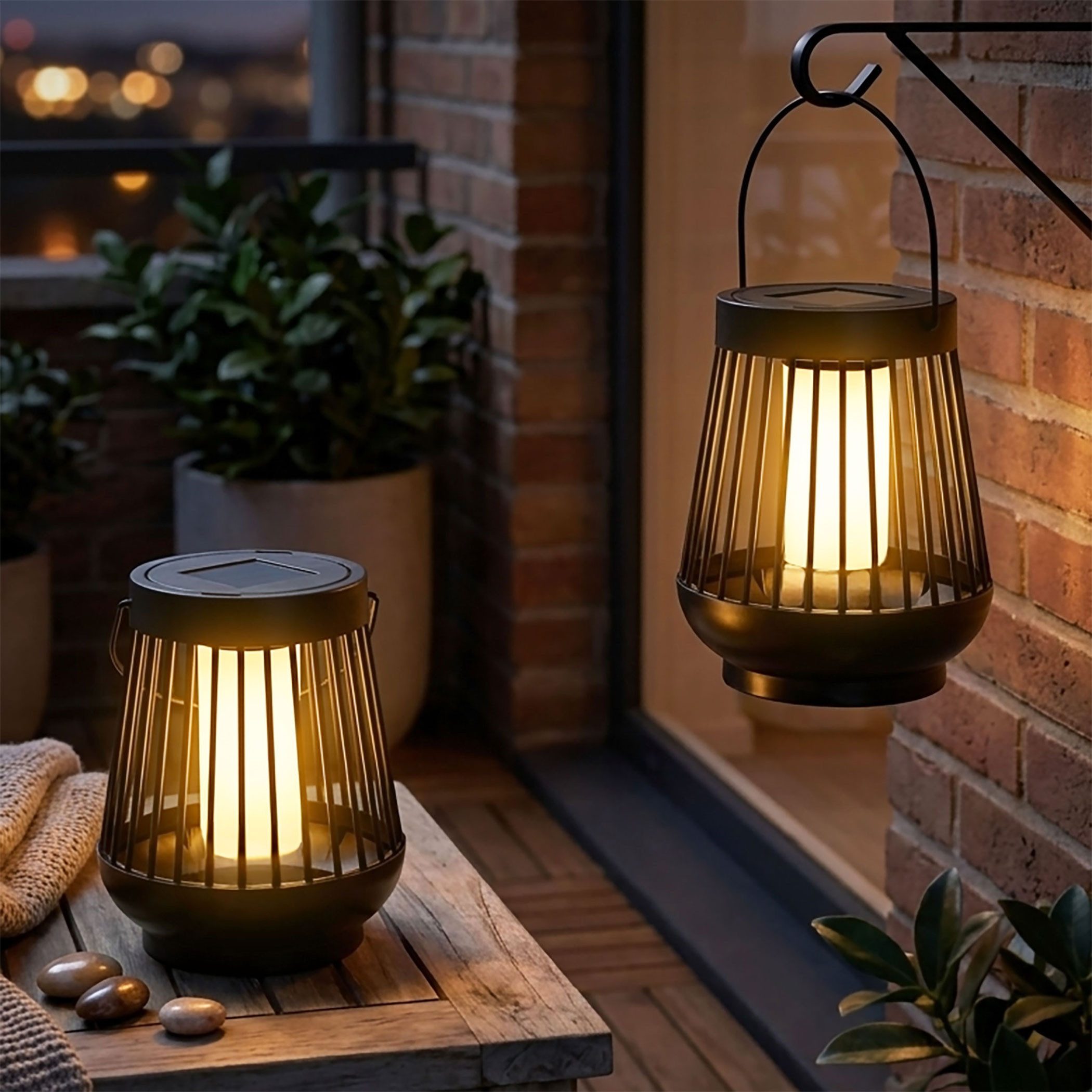 Spetebo LED Laterne Solar Laterne schwarz mit Flammeneffekt, Dämmerungssensor, LED fest integriert, orange, 2er Set, LED Deko Lampe für Außen zum Hängen oder Stellen