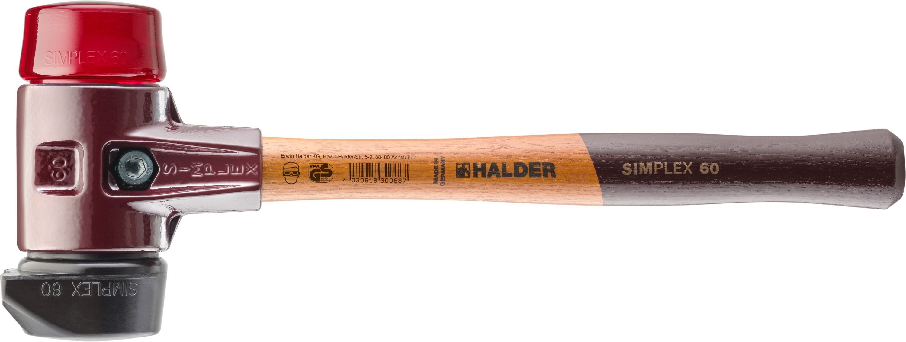 Halder KG Hammer - mittelhart 2 Simplex-Schonhammer mit 60mm und Gummi Standfuß 3026.260 Halder hart Plastik & Schlageinsätzen