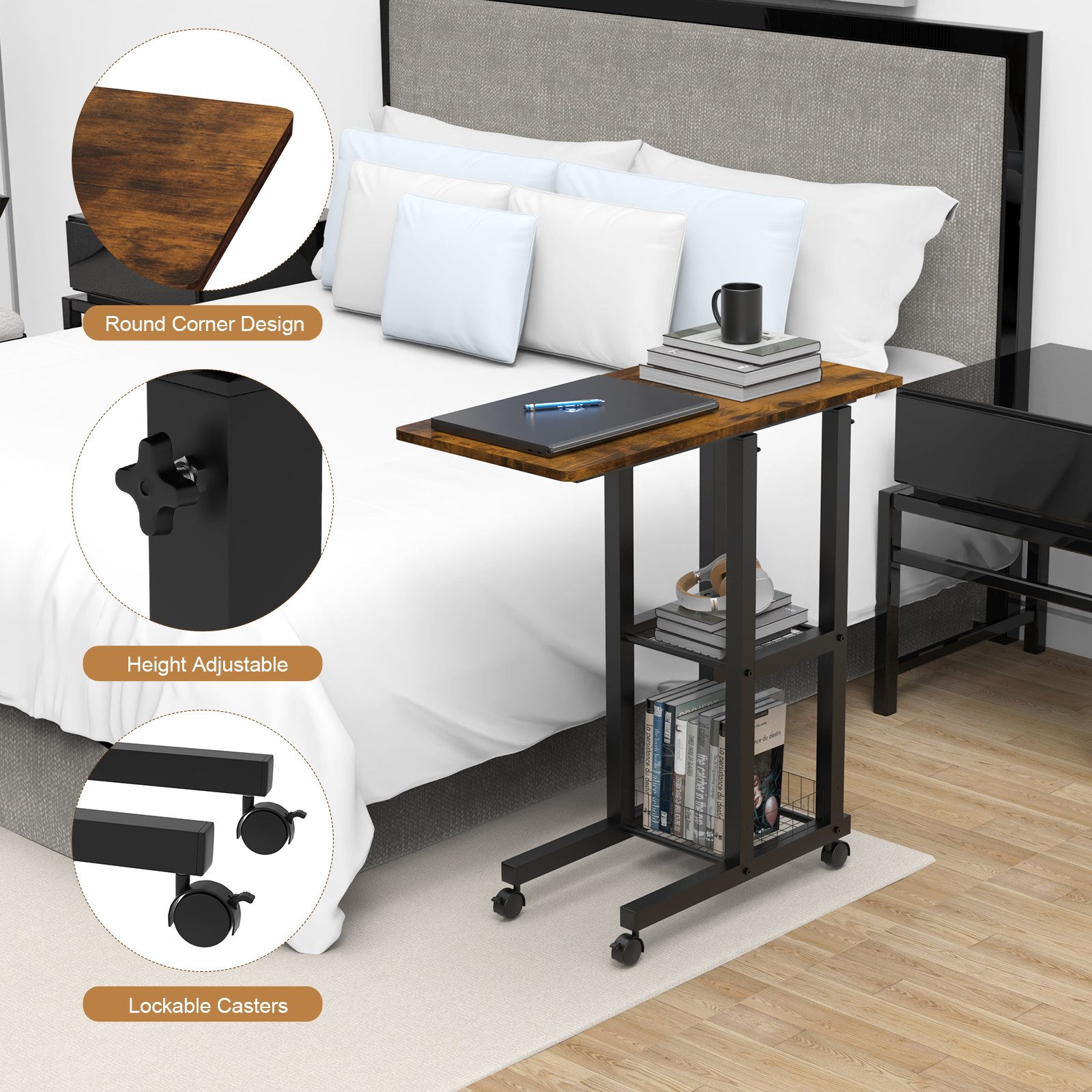 JEOBEST Beistelltisch Couchtisch mit Rollen Laptoptisch Höhenverstellbar Schreibtisch, Sofatisch Nachttisch Kaffeetisch mit 2 unteren Regalen, C-förmig – Bild 5 von 5