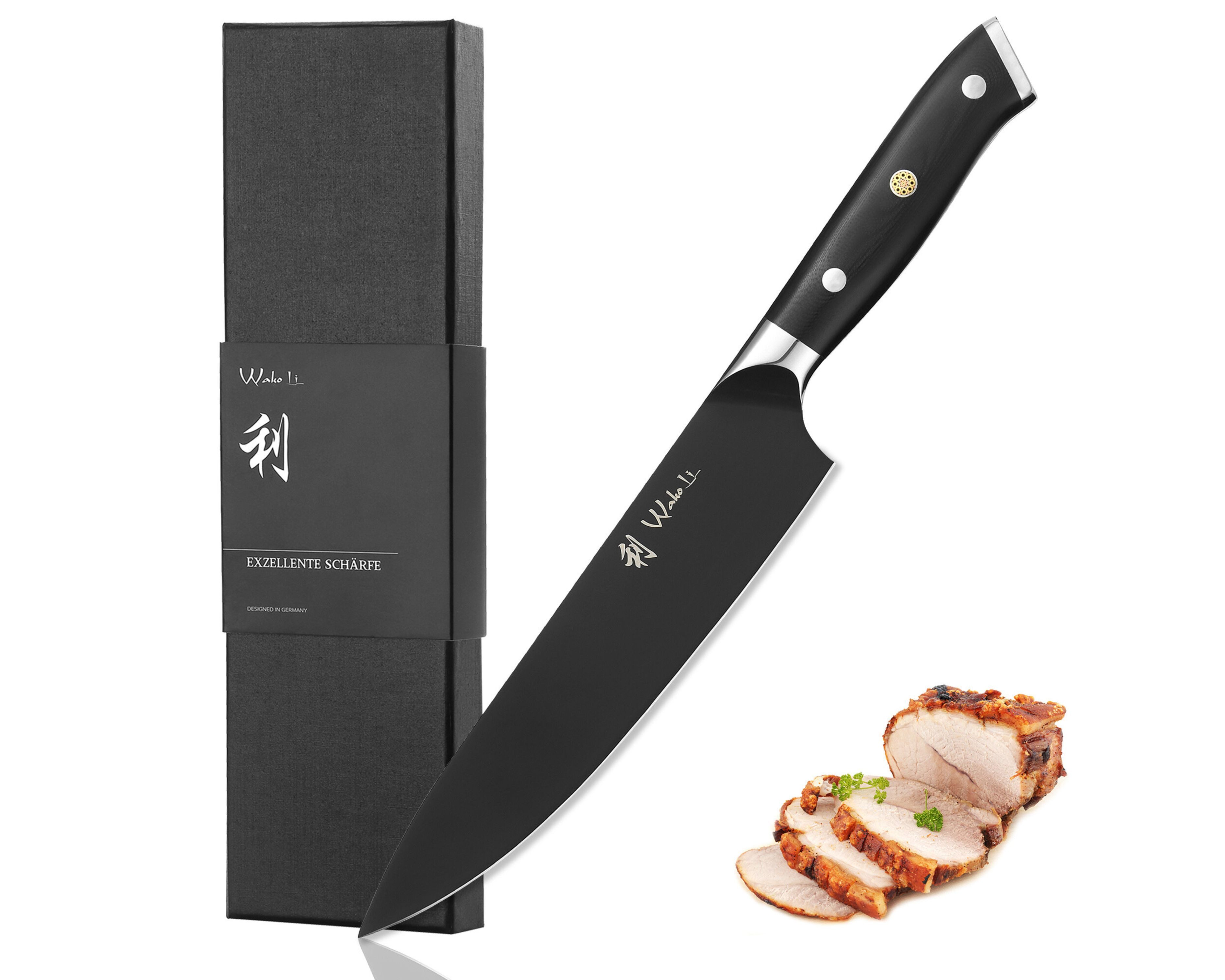 Wakoli Universalküchenmesser Titanium Noir Edelstahl Chef Küchenmesser 20cm Klinge, G10 Griff, schwarze Titanbeschichtung