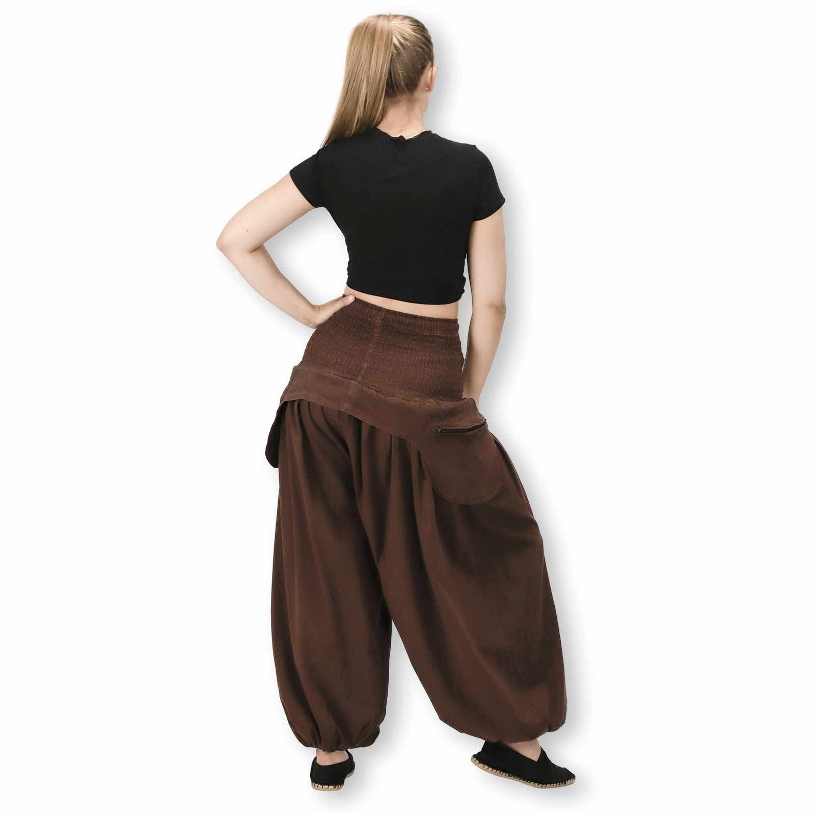 KUNST UND MAGIE Haremshose/Jodhpur-Hose Damen Hose Unifarben praktische Haremshose Braun Vintage Schürzentaschen