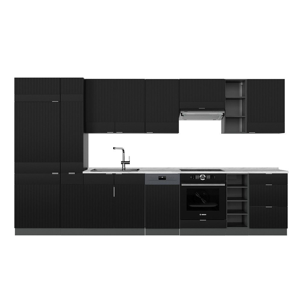 Vicco Küchenzeile Fame-Line, Schwarz gestreift/Anthrazit/Anthrazit, 355 cm ohne Arbei...