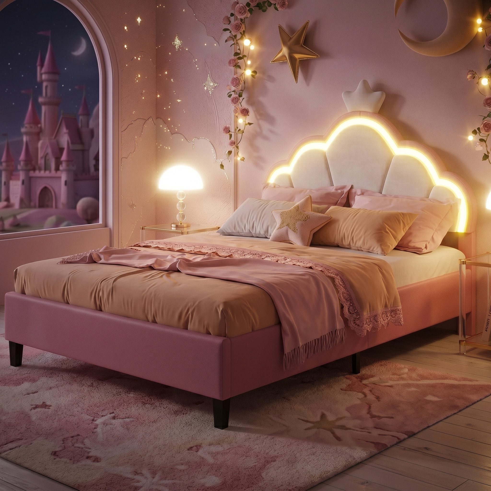zebery Polsterbett Kinderbett, Kopfteil mit LED-Beleuchtung, Samtstoff (Packung, 1-tlg., Jugendbett), 140x200 cm,Mit Kopfteil und Bettgestell,kronenförmiges Kopfteil,Rosa