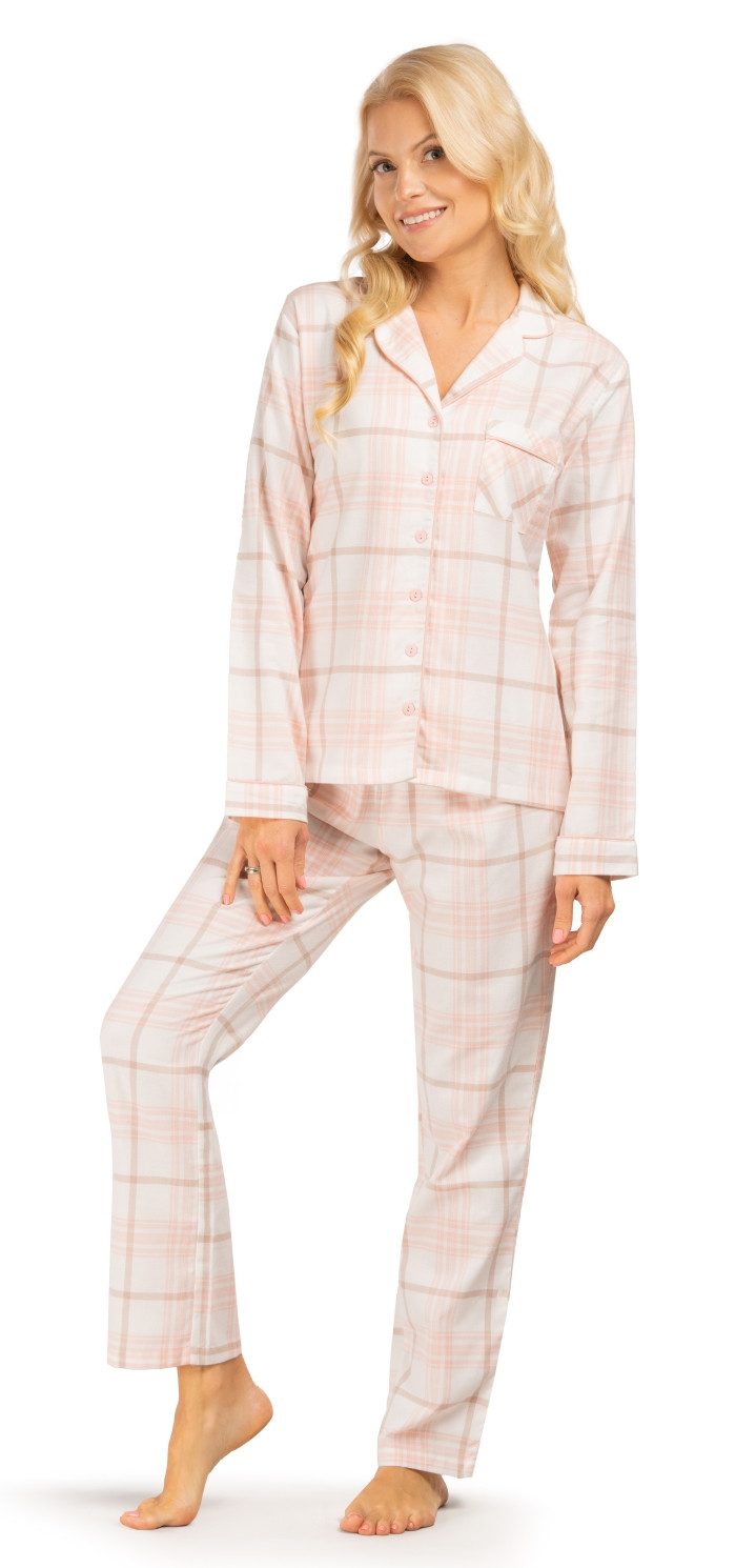 Consult-Tex Pyjama Damen Langarm Flanell Pyjama - Schlafanzug - Hausanzug 3er Set DW145 (Spar-Set, 3teilig, 2 Oberteile, 1 Hose) Mit Brusttasche