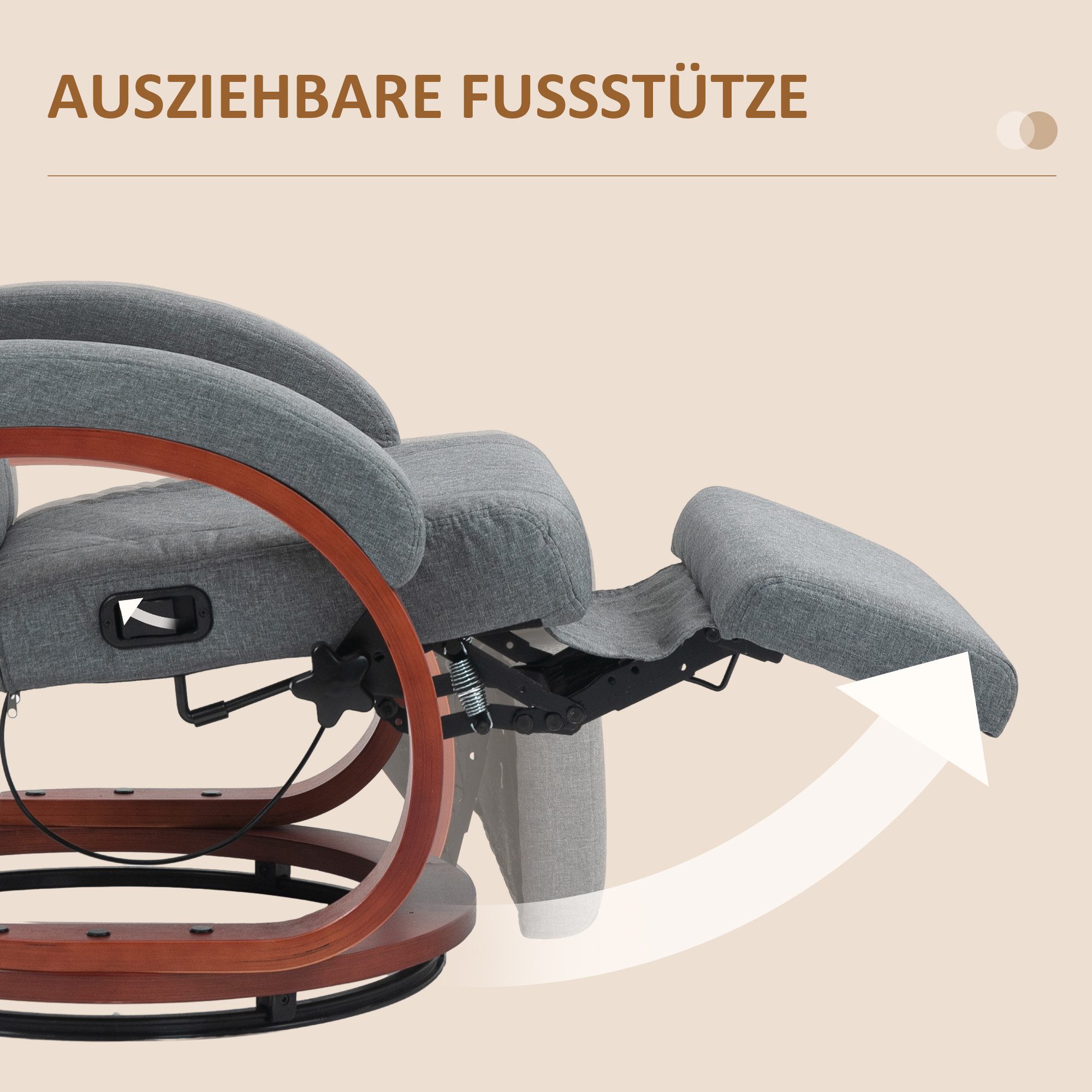 HOMCOM Relaxsessel Fernsehsessel mit Liegefunktion, drehbarer Ruhesessel (Liegesessel, 1-St., TV-Sessel), für Wohnzimmer, Schlafzimmer, Grau – Bild 5 von 5