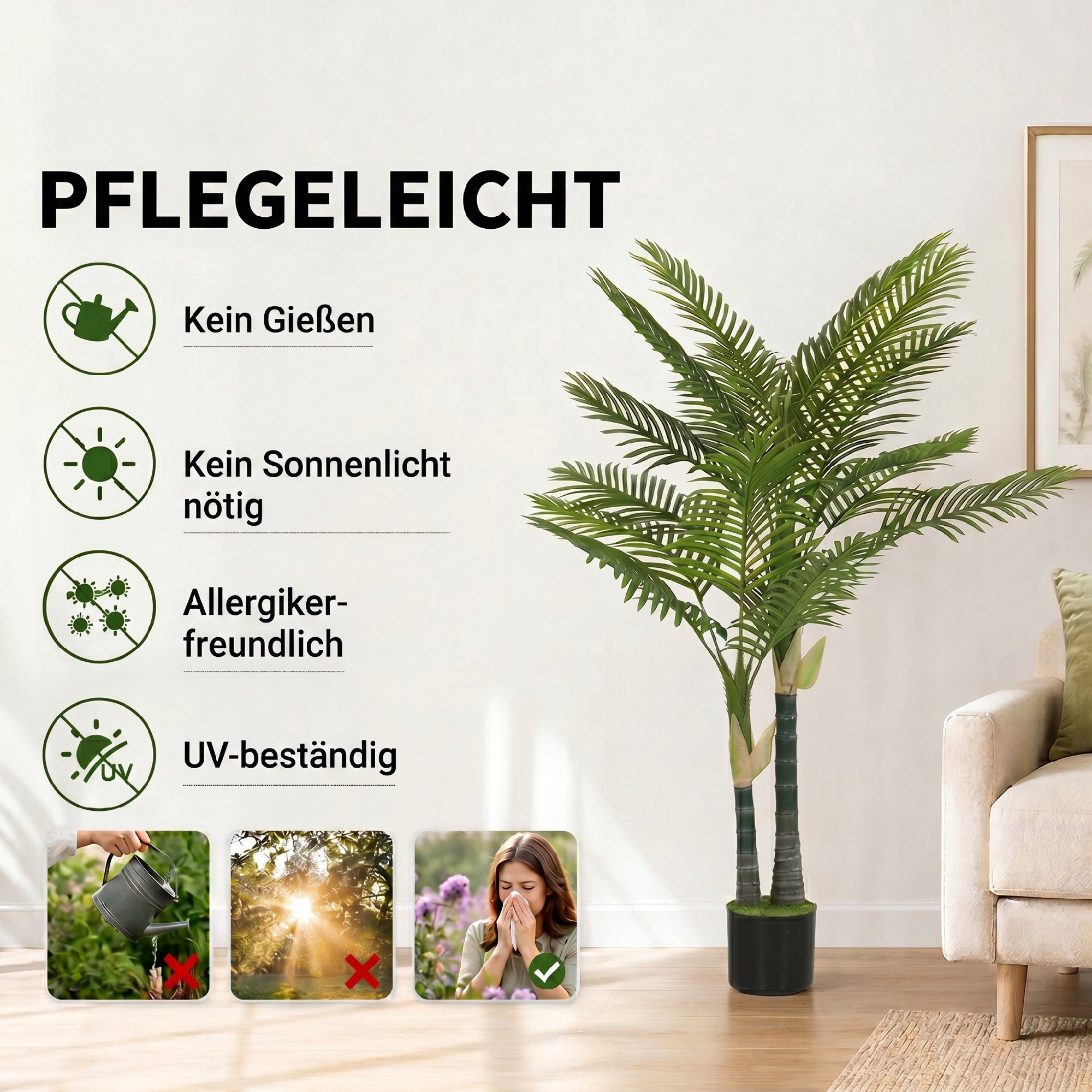 Kunstpflanze Künstliche Kunstpalme mit 16 Palmenwedel Groß im Topf Palme, HOMCOM, Höhe 150 cm, für Wohnzimmer Büro Balkon Dekoration Schlafzimmer – Bild 5 von 5