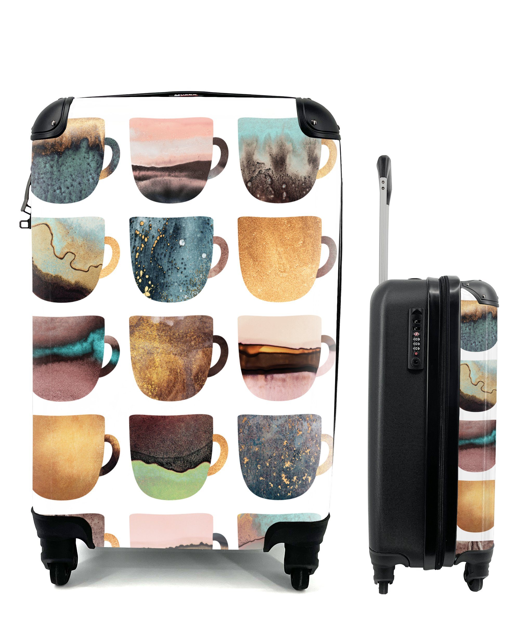 MuchoWow Handgepäckkoffer Abstrakt - Kaffeetassen - Pastell - Muster, 4 Rollen, Reisetasche mit rollen, Handgepäck für Ferien, Trolley, Reisekoffer