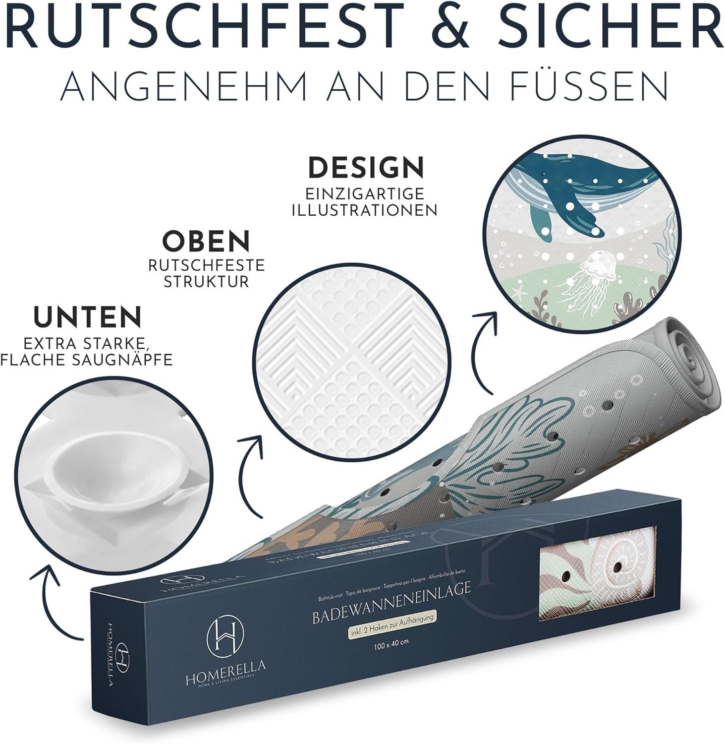 Homerella Badematte rutschfest Kinder - 100% BPA frei Inkl. 2 Haken zum Aufhängen 100x40cm, Antirutschmatte Badewanne Baby hautsensitiv & schimmelresistent, Bad – Bild 4 von 5