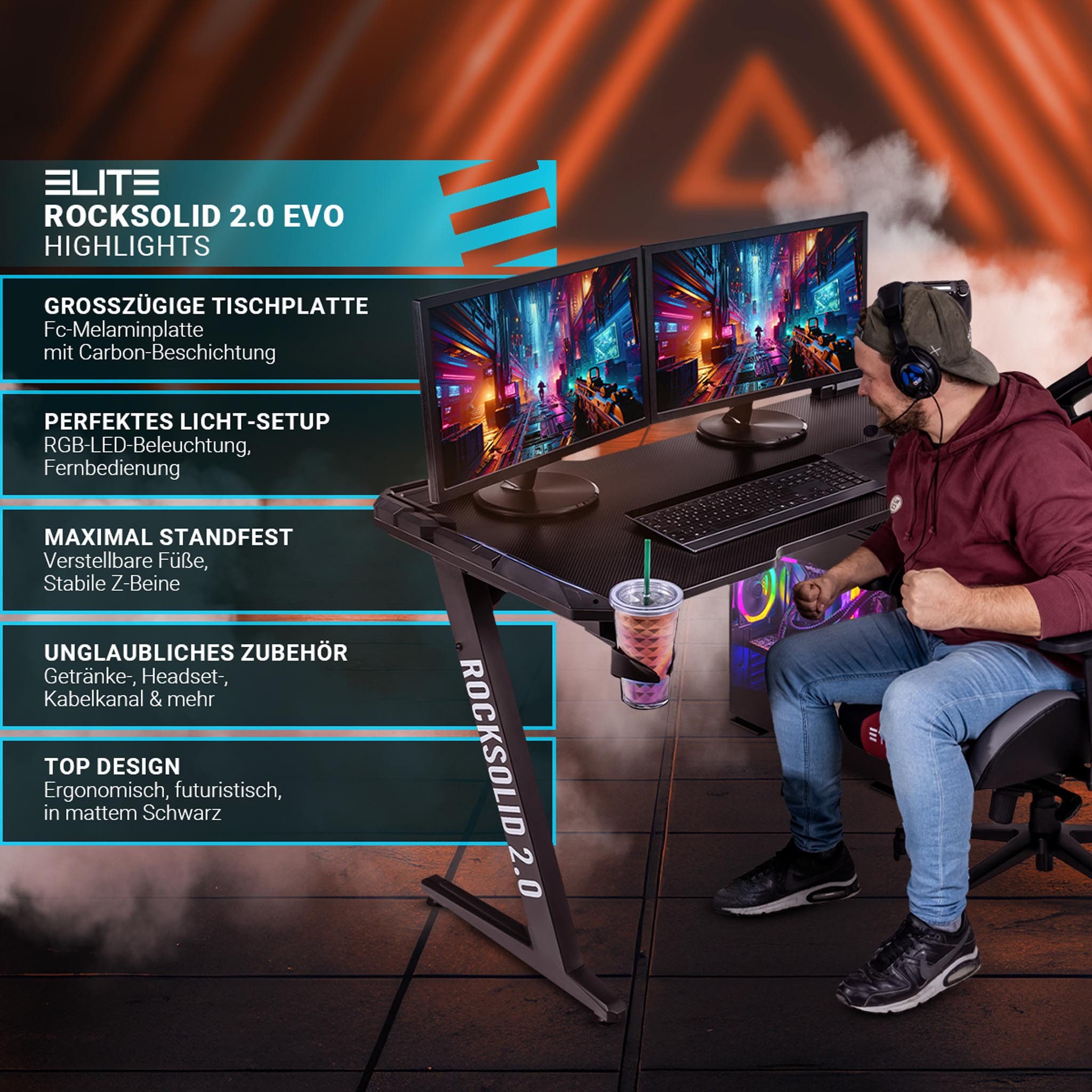 ELITE Gaming Gamingtisch Rocksolid Gamer Schreibtisch mit LED-Beleuchtung ( günstig online kaufen