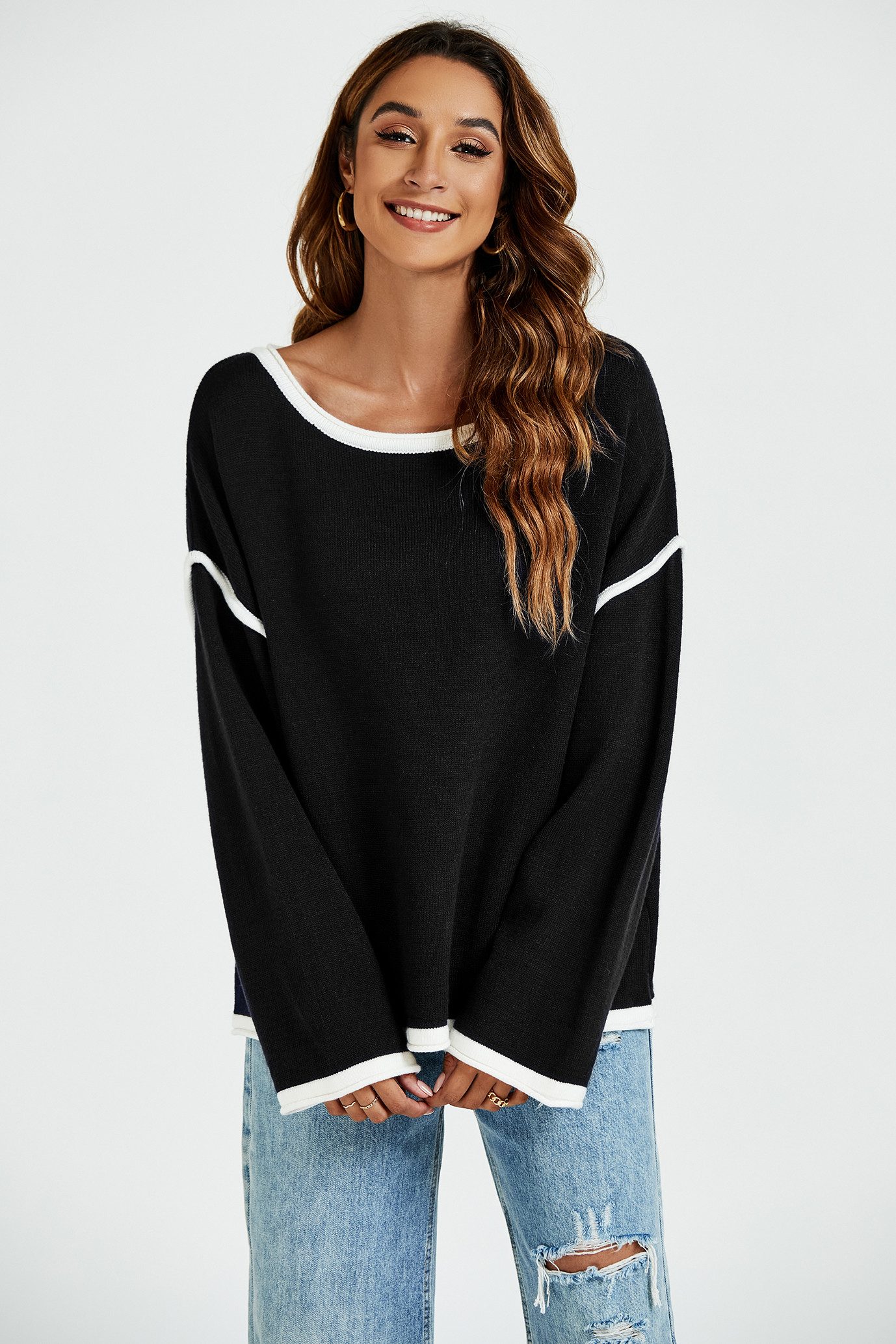 FS Collection Strickpullover Trendiges Oversize Pullovertop Pulloveroberteil – Damen Strick (Einheitsgröße: UK 8–16 / EU 36–44, 4 Farben: Marineblau, Beige, Schwarz und Khakigrün) 85 % Acryl, 15 % Polyester