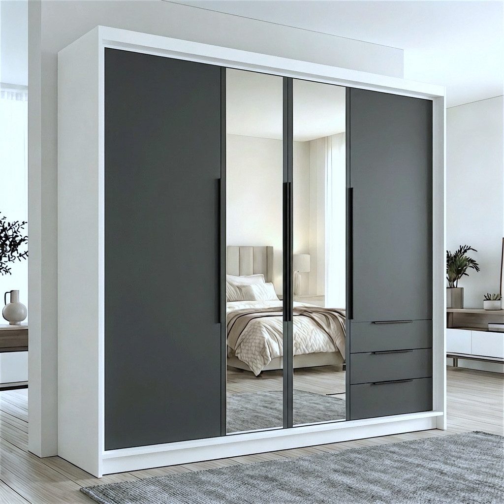 A&J MöbelLand GmbH Drehtürenschrank viertüriger Kleiderschrank mit Schubladen und Metallgriffen. (Geräumiger vier¬türiger Kleiderschrank mit Schubladen und Meta – Bild 2 von 5