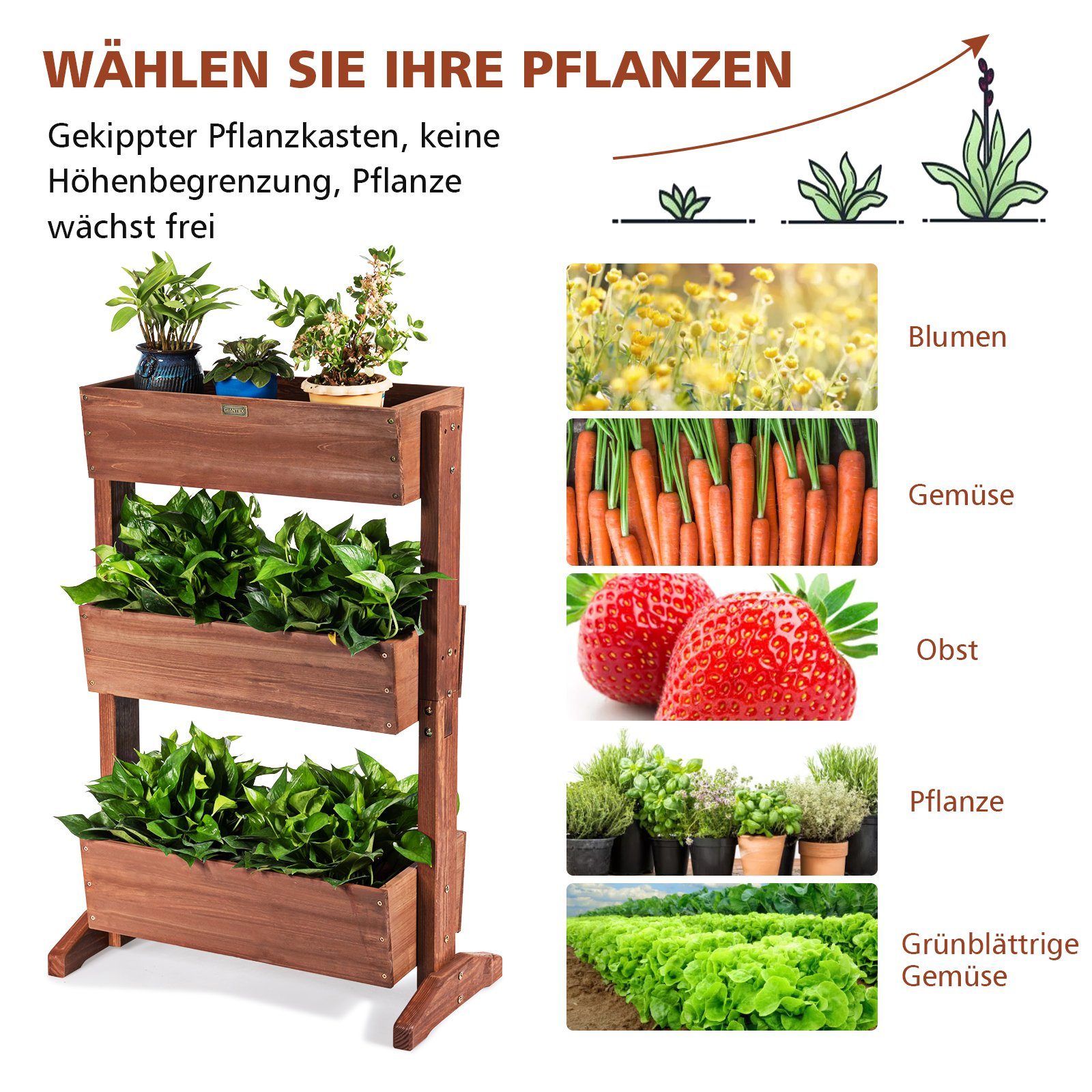 COSTWAY Hochbeet Blumentreppe, 3 Etage, mit Ablauflöchern, verstellbar