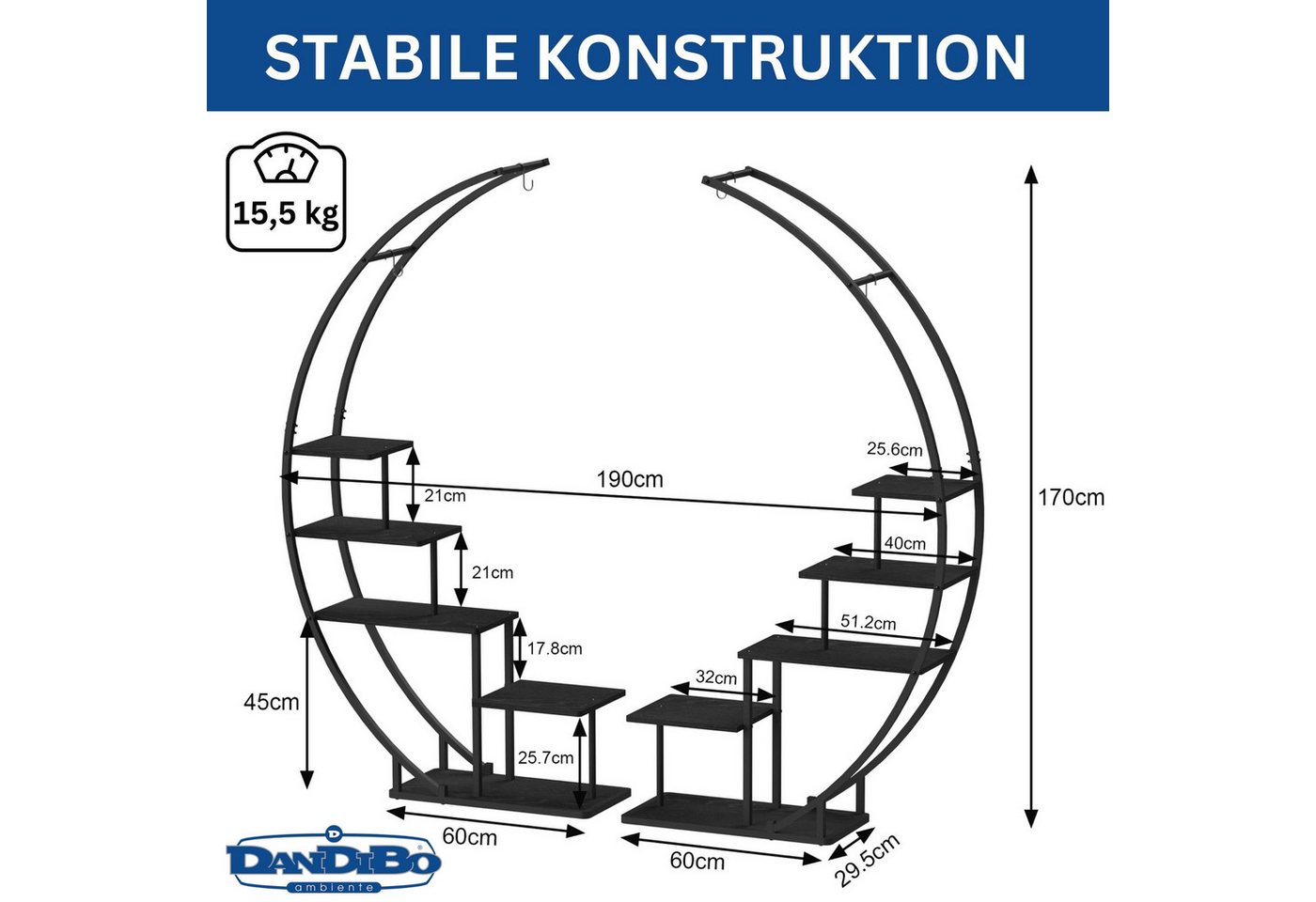 Thumbnail - DanDiBo Blumenständer Wohnzimmer 170 cm Hoch Metall Schwarz Rund Blumenregal Groß Halbrund, Blumentreppe Pflanzenständer...