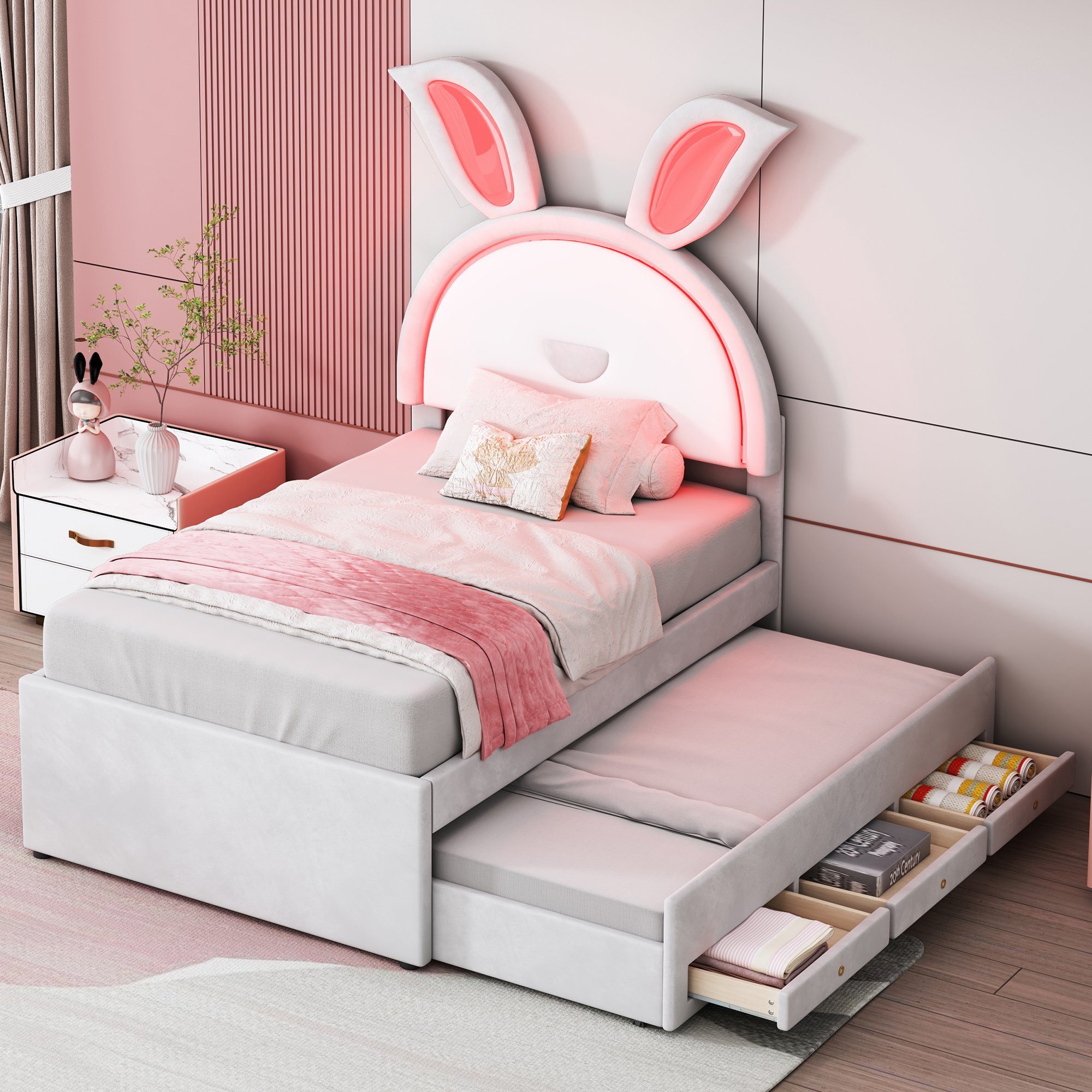 OKWISH Kinderbett Jugendbett 90x200 cm mit farbwechselnder LED-Lichtleiste (Jugendbett Gästebett, Inkl. Ausziehbett und Schubladen für variable Nutzung), Ohne Matratze – als stylisches Gästebett mit individueller Stimmung