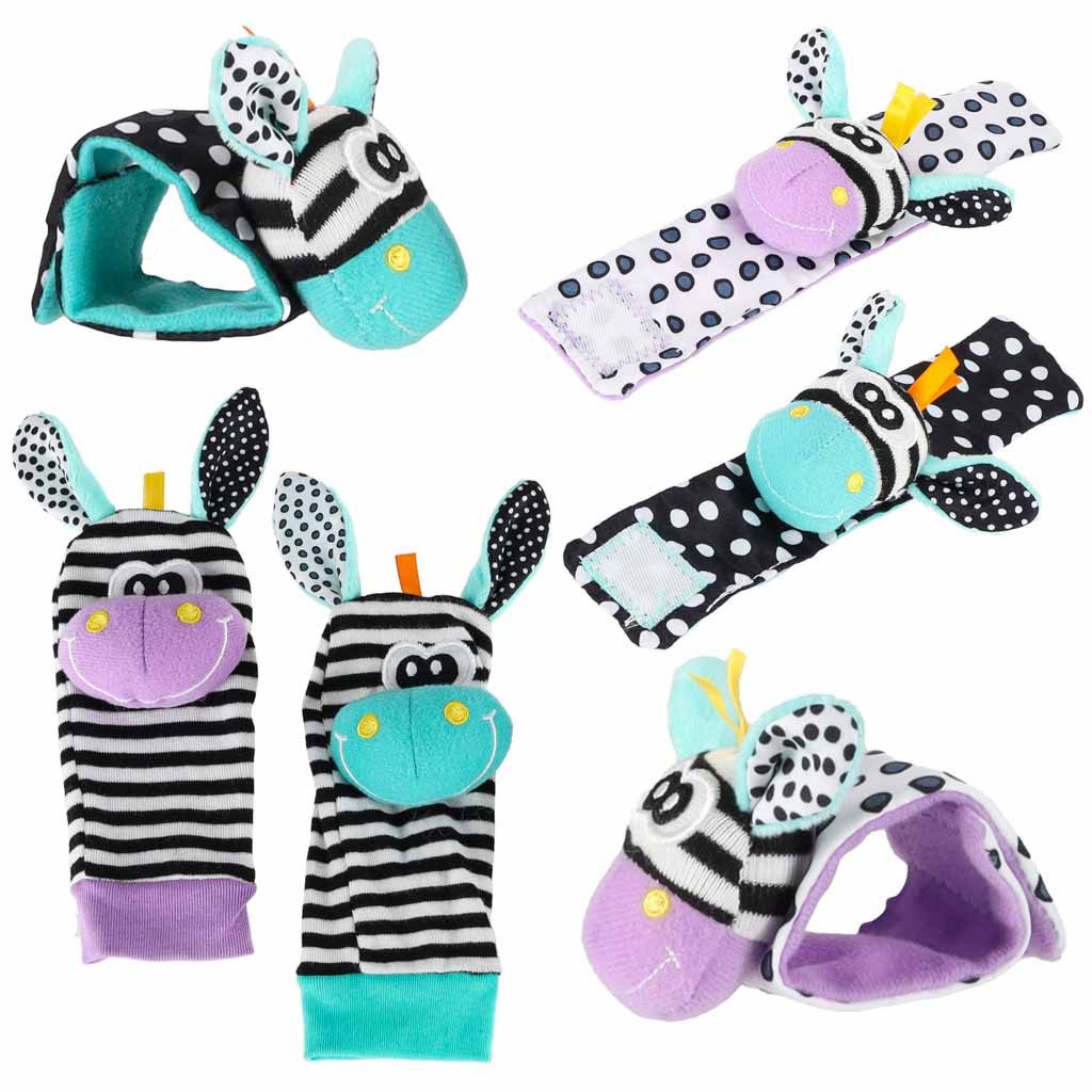 Ikonka Rasselsocke Babysocken Armbandrasseln Greifspielzeug, 4er-Set, Rasselgeräusch, Zebra-Motiv, Kontrastfarben