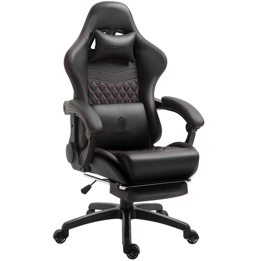 Dowinx Gaming-Stuhl Luxuriöser Chefsessel Ergonomisch aus PU Leder (Packung), Massage-Lendenstütze & Fußstütze, Verstellbarer Bürostuhl 90°-170°