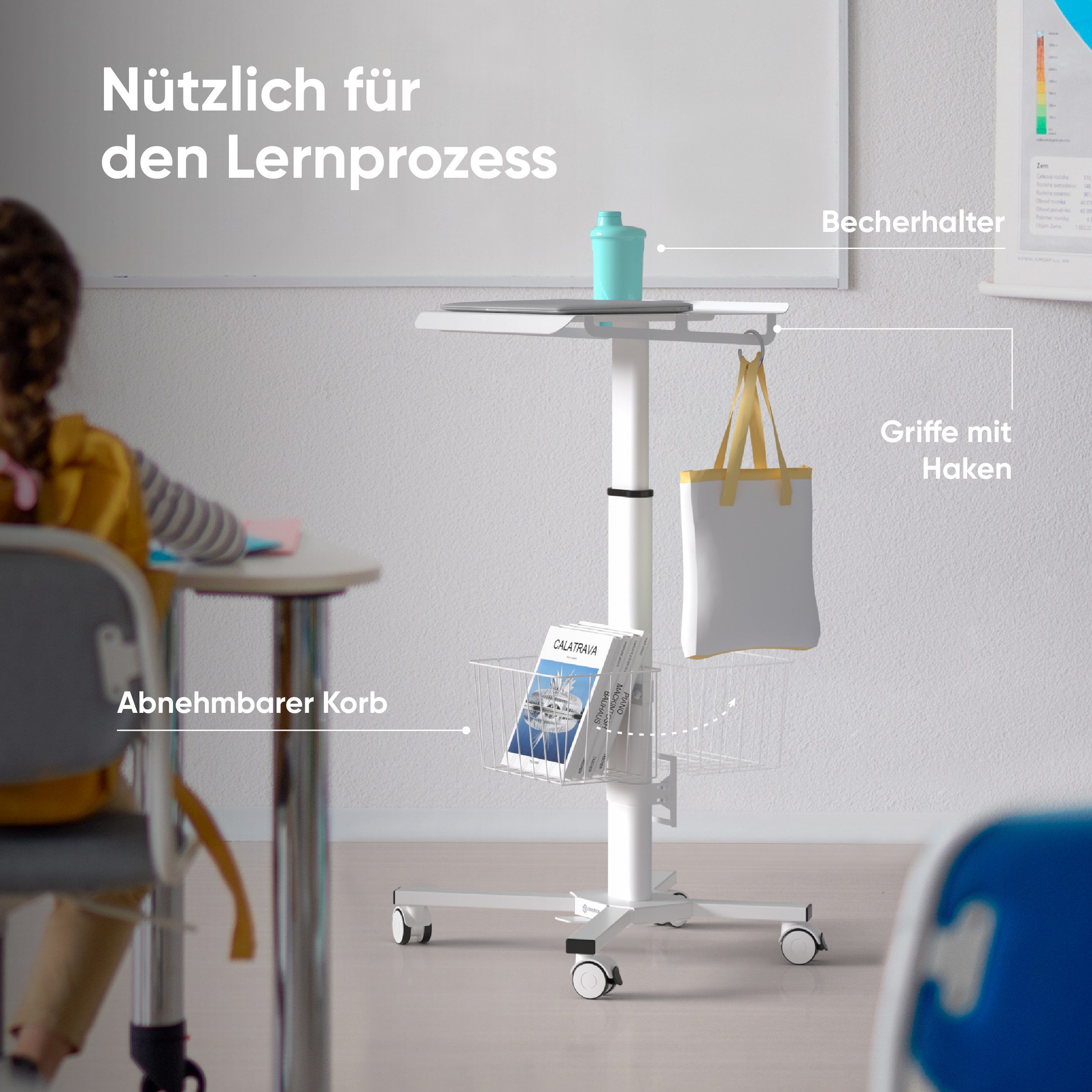 ONKRON Arbeitstisch ONKRON bis 8 kg, Weiß LMG30-W (Tisch auf Rollen, Tisch auf Rollen), höhenverstellbarer Tisch mit AV Ablage und Korb