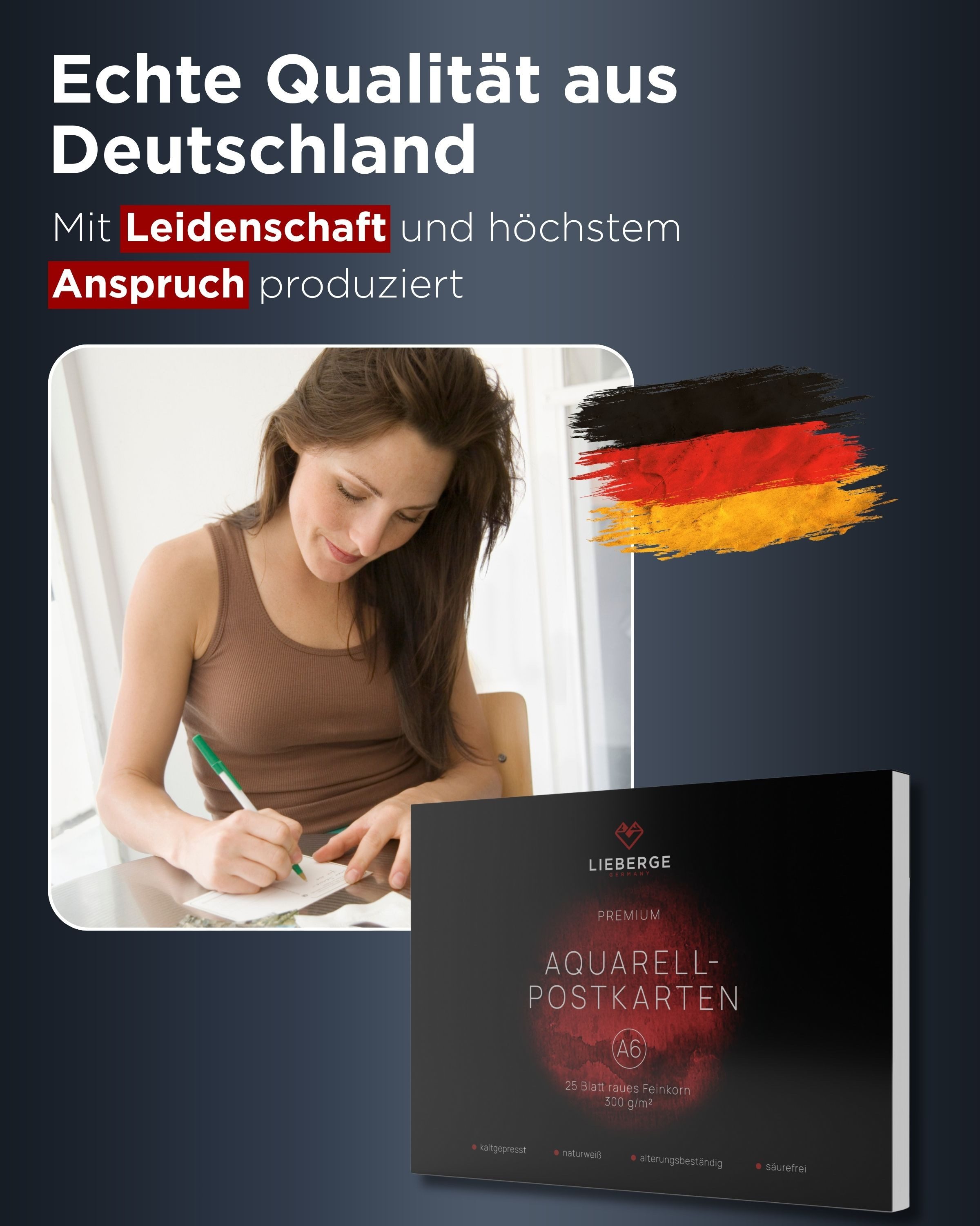 LIEBERGE Aquarellpapier Premium Postkarten A6 300g – made in Germany – 25 Blatt verleimt, 300g/m², grobes Feinkorn, verleimt, Postkarten-Vordruck