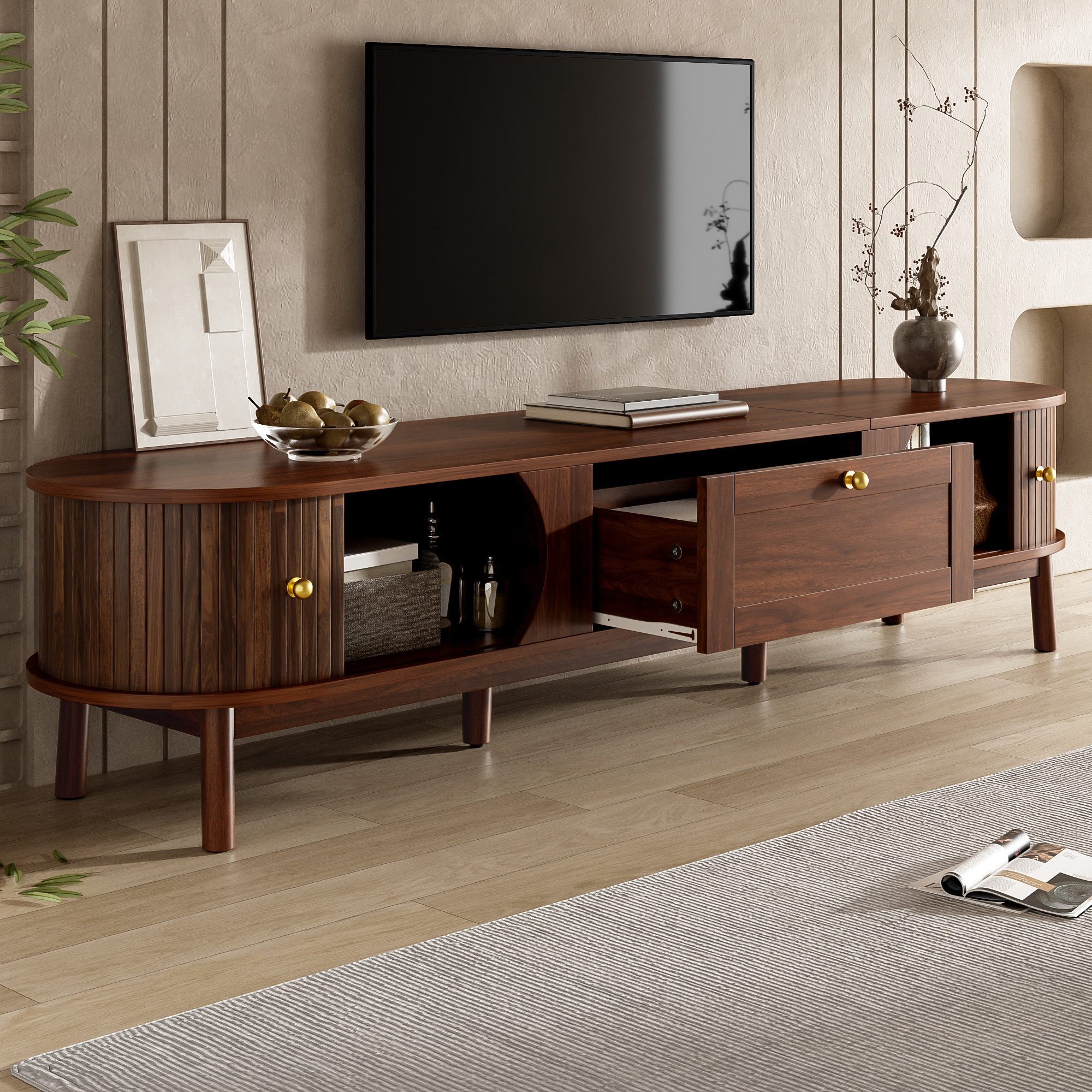STILVORA TV-Schrank holz mass Lowboard stehend TV-Regal Wohnzimmer mit Schubladen TV-Tisch (Packung, 1-St., Klassisch abgerundete Ecken – Robuste Holzbeine, fürs Wohnzimmer) Bietet ausreichend Stauraum für TV-Zubehör und Bücher.