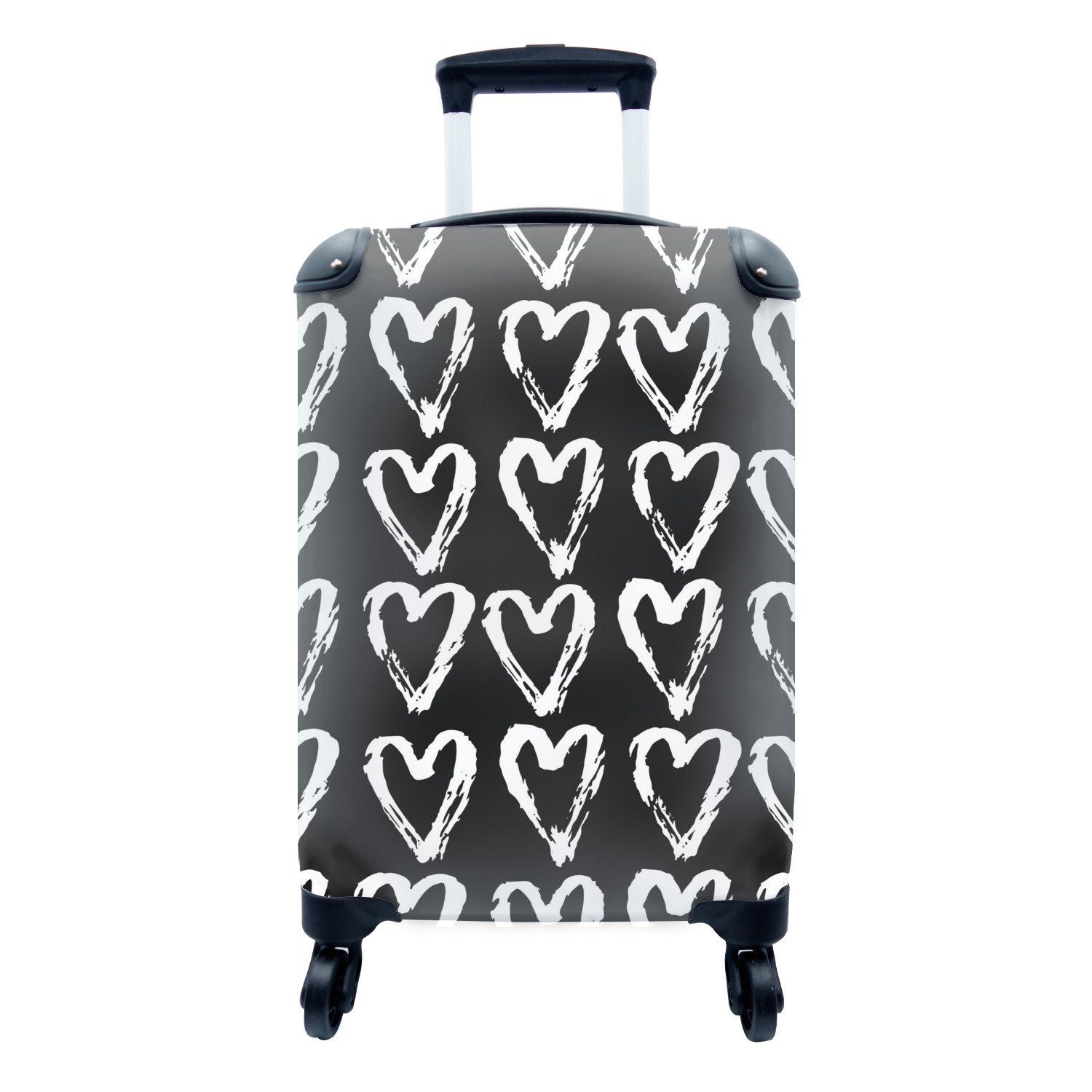 MuchoWow Handgepäckkoffer Herz - Schwarz - Weiß - Muster, 4 Rollen, Reisetasche mit rollen, Handgepäck für Ferien, Trolley, Reisekoffer