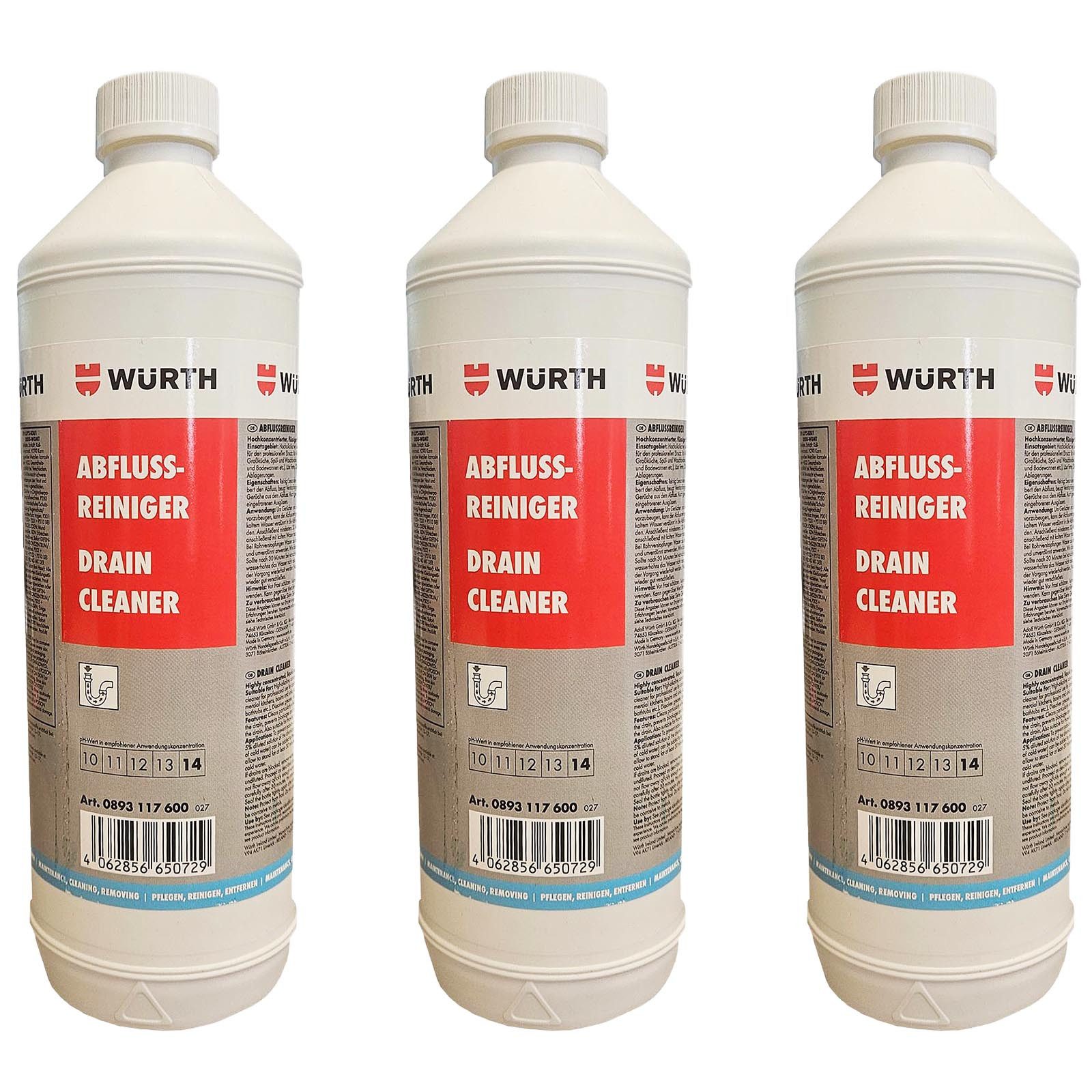 Würth 3 x Abflussreiniger Flüssig Rohrfrei Abflussfrei 1000 ml 0893117600 Средства для чистки труб (3tlg., [3-St)