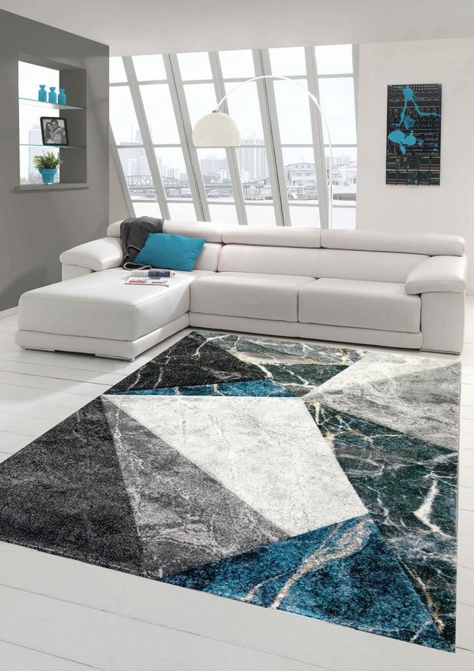 rechteckig, Geometrie Teppich in Teppich mm Wohnzimmer 13 Höhe: Teppich modern grau Teppich-Traum, Teppich blau,
