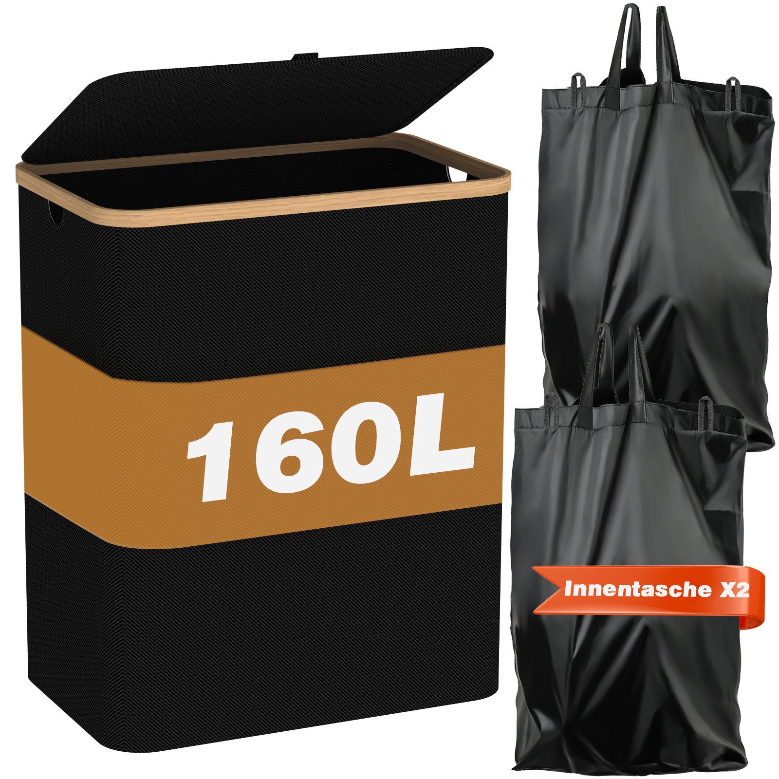 skelo Wäschekorb 160L Wäschekorb mit Deckel, Abnehmbare Wäschesack, Große Faltbare (1 St., Innentaschen + Wäschekorb), Wäschekorb für Schlafzimmer, Bad, Schlafsaal, Waschküche