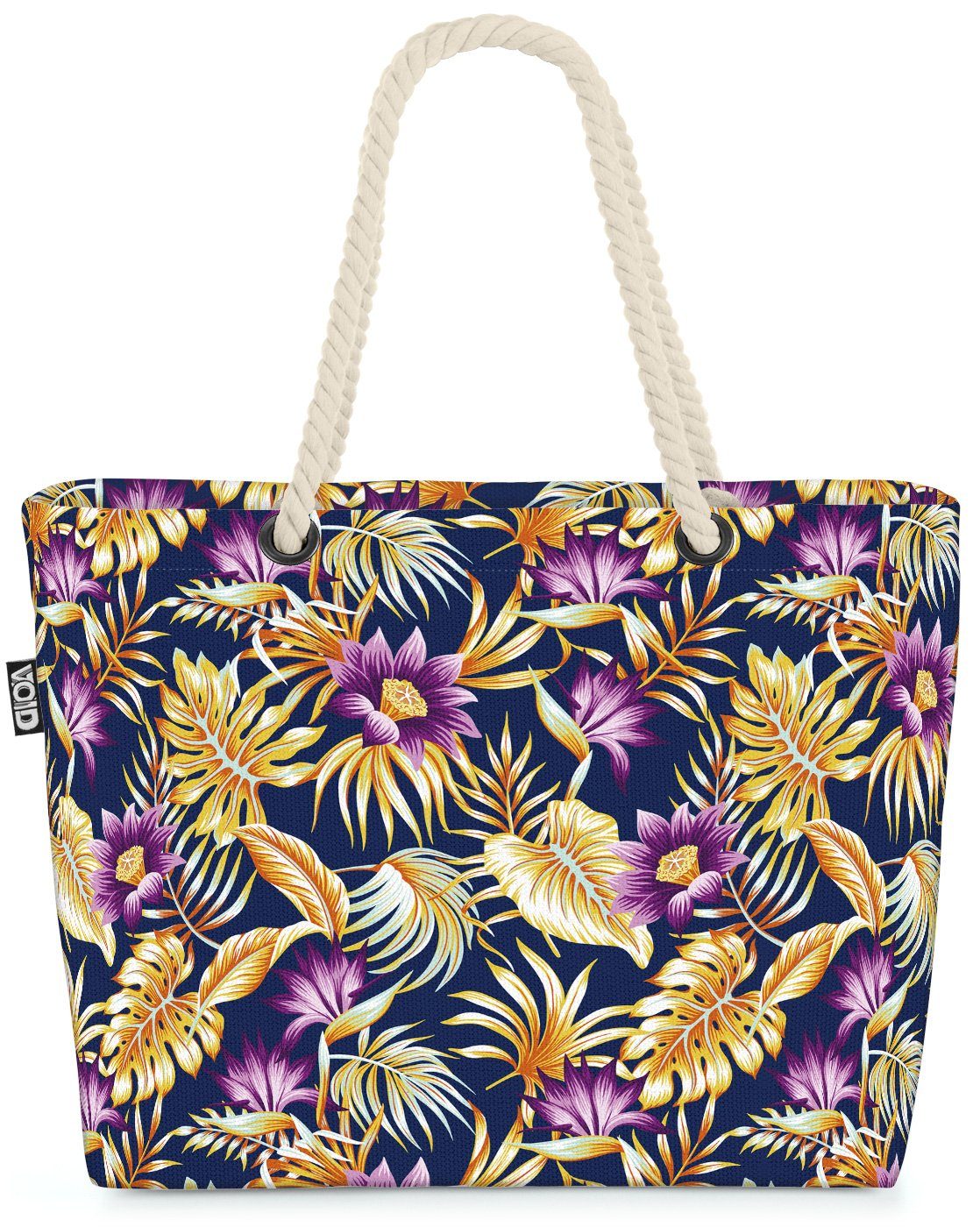 VOID Strandtasche (1-tlg), Palmenblätter Tropen-Wald Vintage Gold Lila Hibiskus Hawaii Bag Blumen Beach