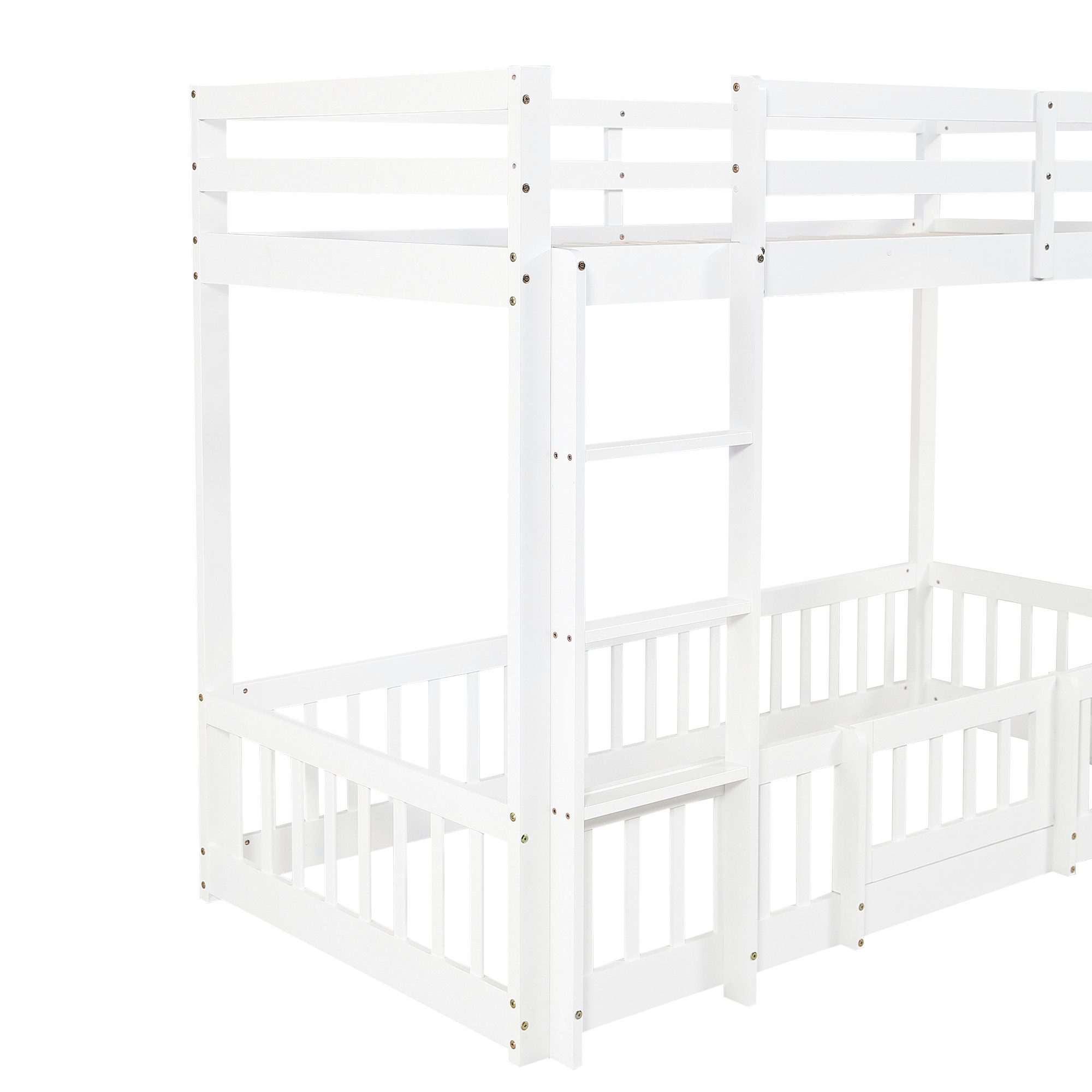 Flieks Etagenbett (mit rechtwinkliger Leiter, Zäune und Tür), Hochbett Kiefernholz Kinderbett mit oberem Lattenrost 90*200cm
