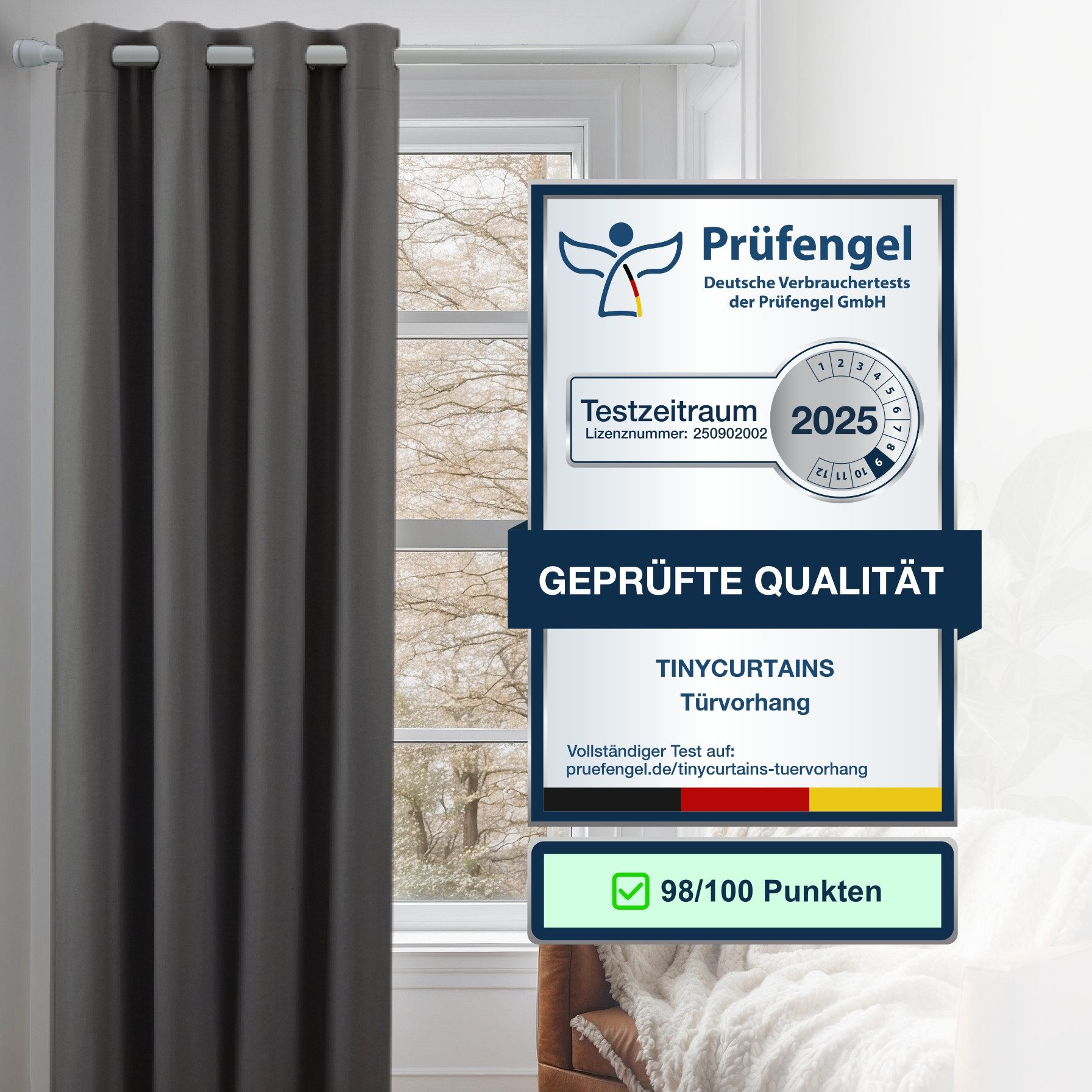 tinycurtains Türvorhang mit Stange weiß 70-120 cm Thermo Vorhang ohne Bohren, blickdicht, Ösen, verdunkelnd, Polyester, blickdicht, Anthrazit Nebula, Türgardine mit Klemmstange verdunkelnd