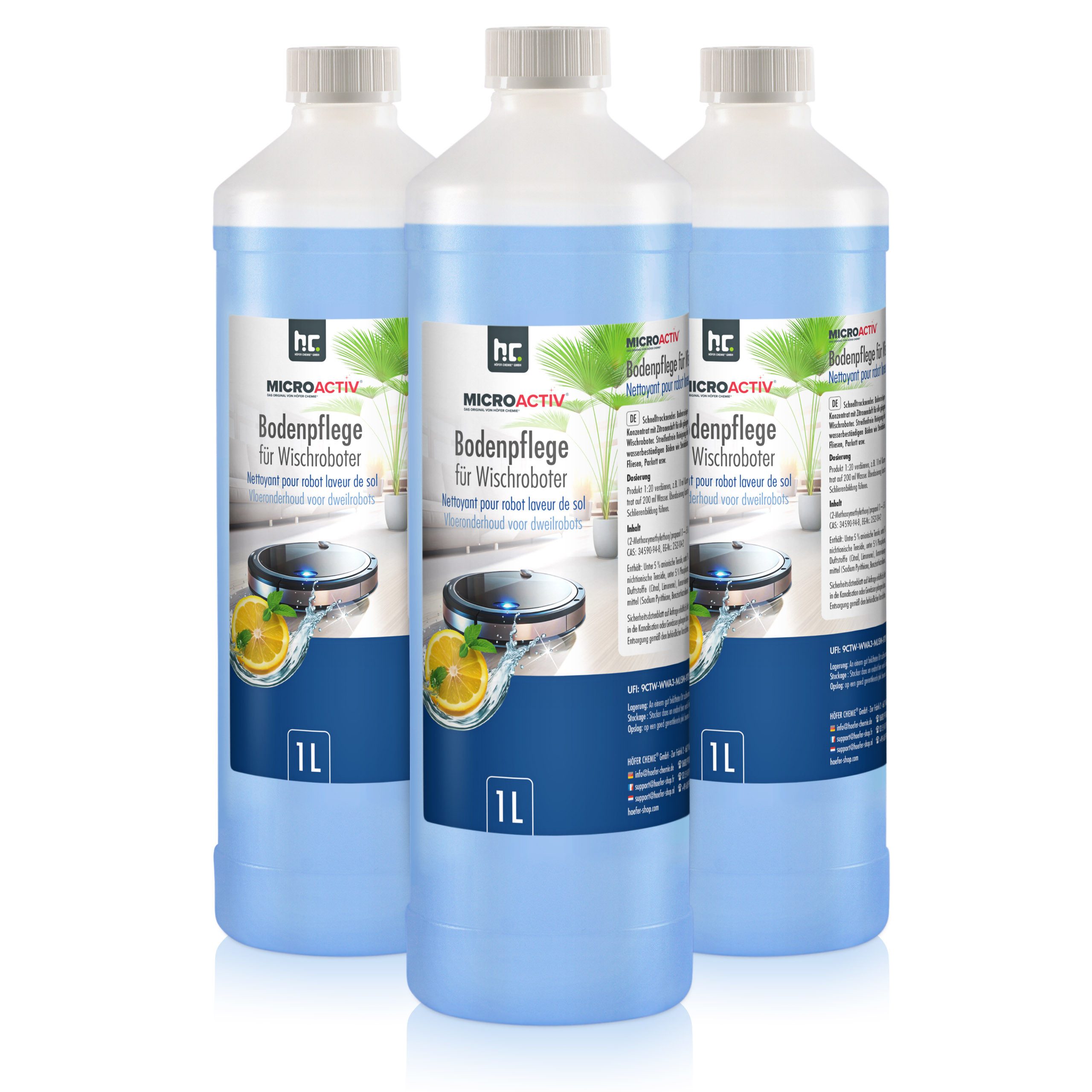 Höfer Chemie GmbH 3x 1 L Microactiv® Bodenpflege für Wischroboter Grundreiniger (Sanfte Reinigung und Pflege für Hartböden)