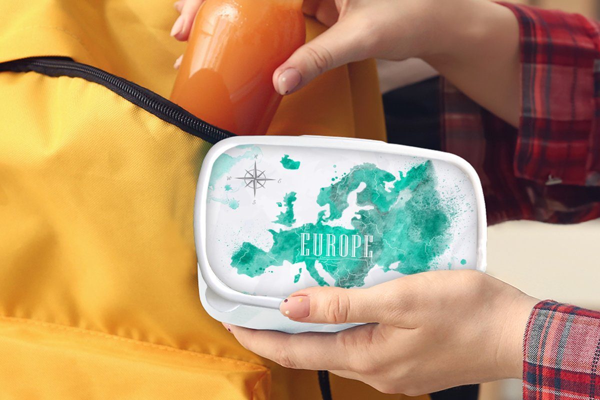 für (2-tlg), weiß Mädchen Brotdose, - Jungs Lunchbox Europa, Kunststoff, - Brotbox für Aquarell Kinder Weltkarte und Erwachsene, MuchoWow und