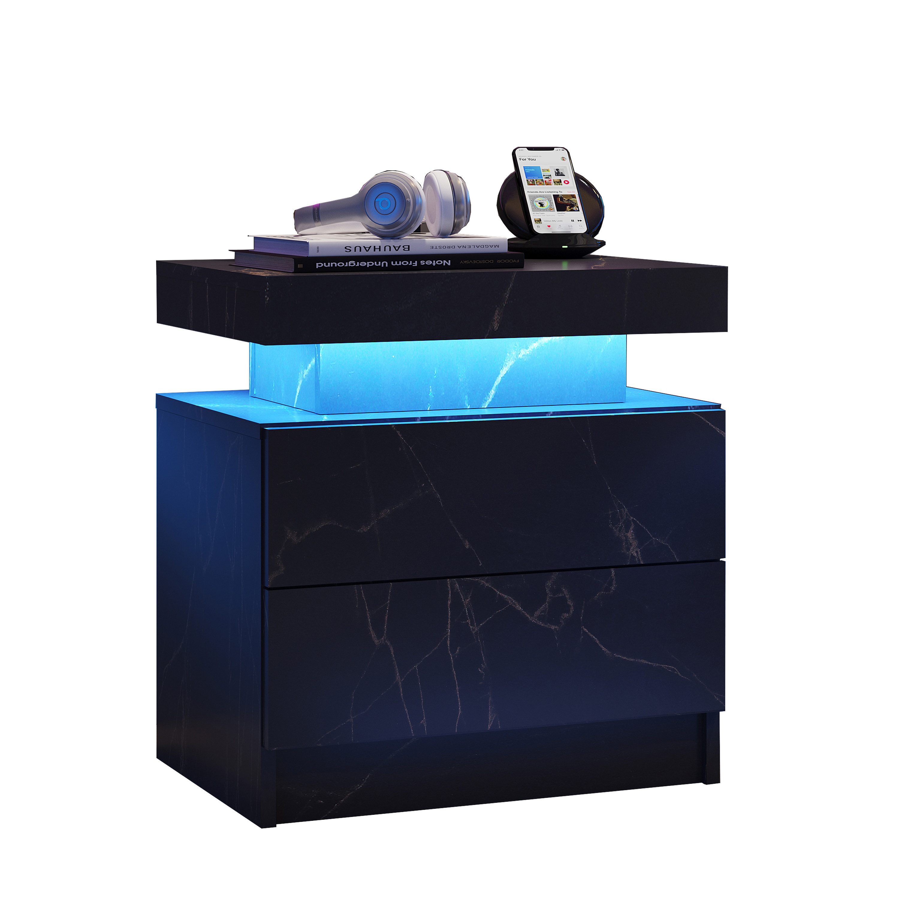 Rutaqian Nachttisch LED Nachttisch Schrank Lichter mit 2 Schubladen für Schlafzimmer, Nachttisch Moderne Ende Seite, 50x53x36cm