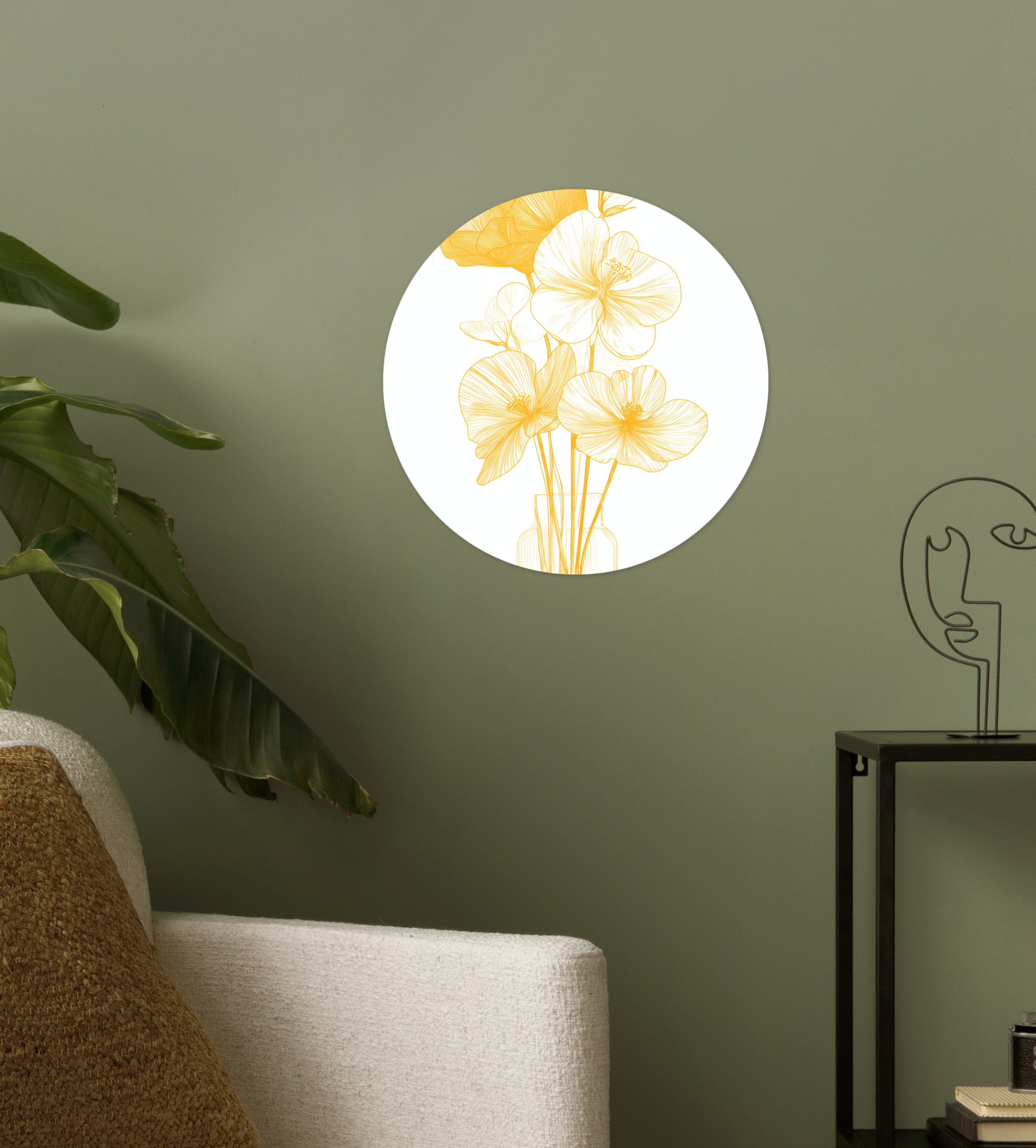 MuchoWow Wandsticker Strichzeichnung - Blumen - Gelb - Vase (1 St), Wandtattoo Selbstklebend, Wohnzimmer Deko Aufkleber, 30x30 cm