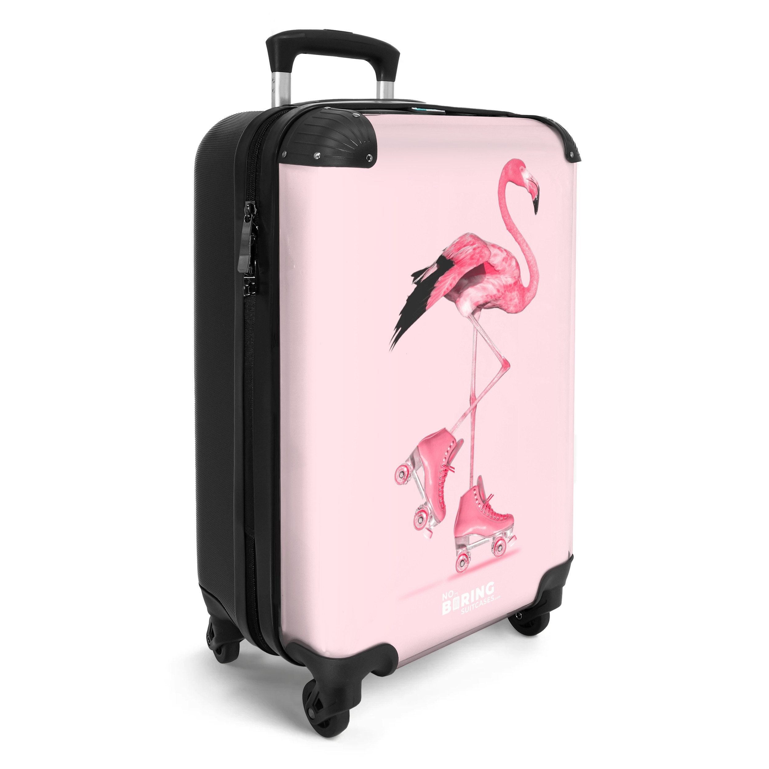 NoBoringSuitcases.com© Kinderkoffer Flamingo mit rosa Rollschuhen 55x35x20cm, 4 Rollen, Handgepäck-Koffer, Kinderkoffer, Reisekoffer Mädchen
