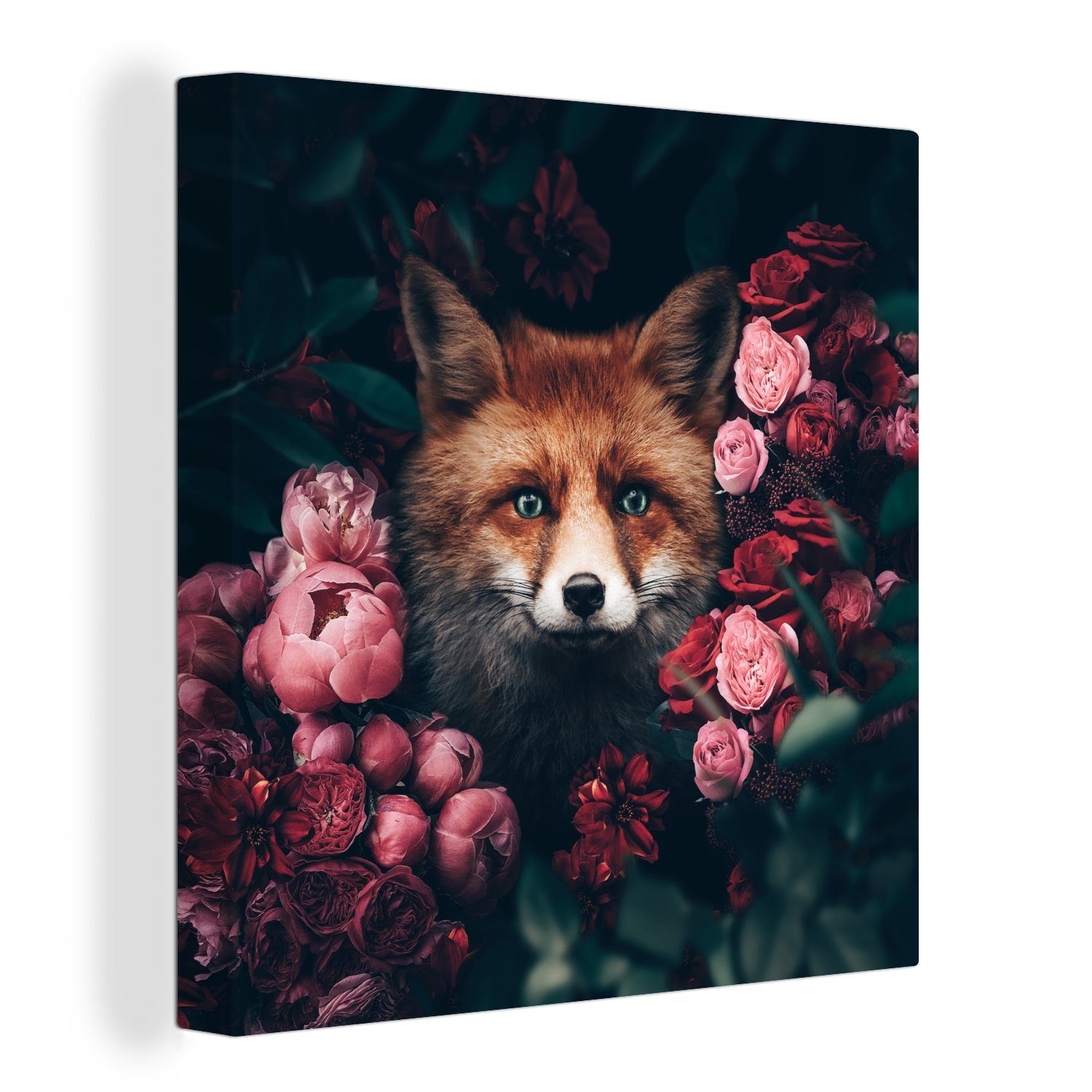 OneMillionCanvasses® Tiere, Blumen Leinwandbild - Leinwand Schlafzimmer Wohnzimmer für bunt Fuchs (1 - St), Bilder