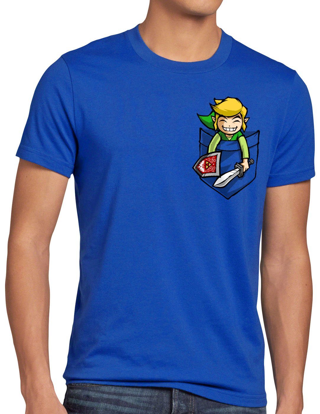 style3 Print-Shirt Herren T-Shirt Link Brusttasche wild switch the breath of snes ocarina blau