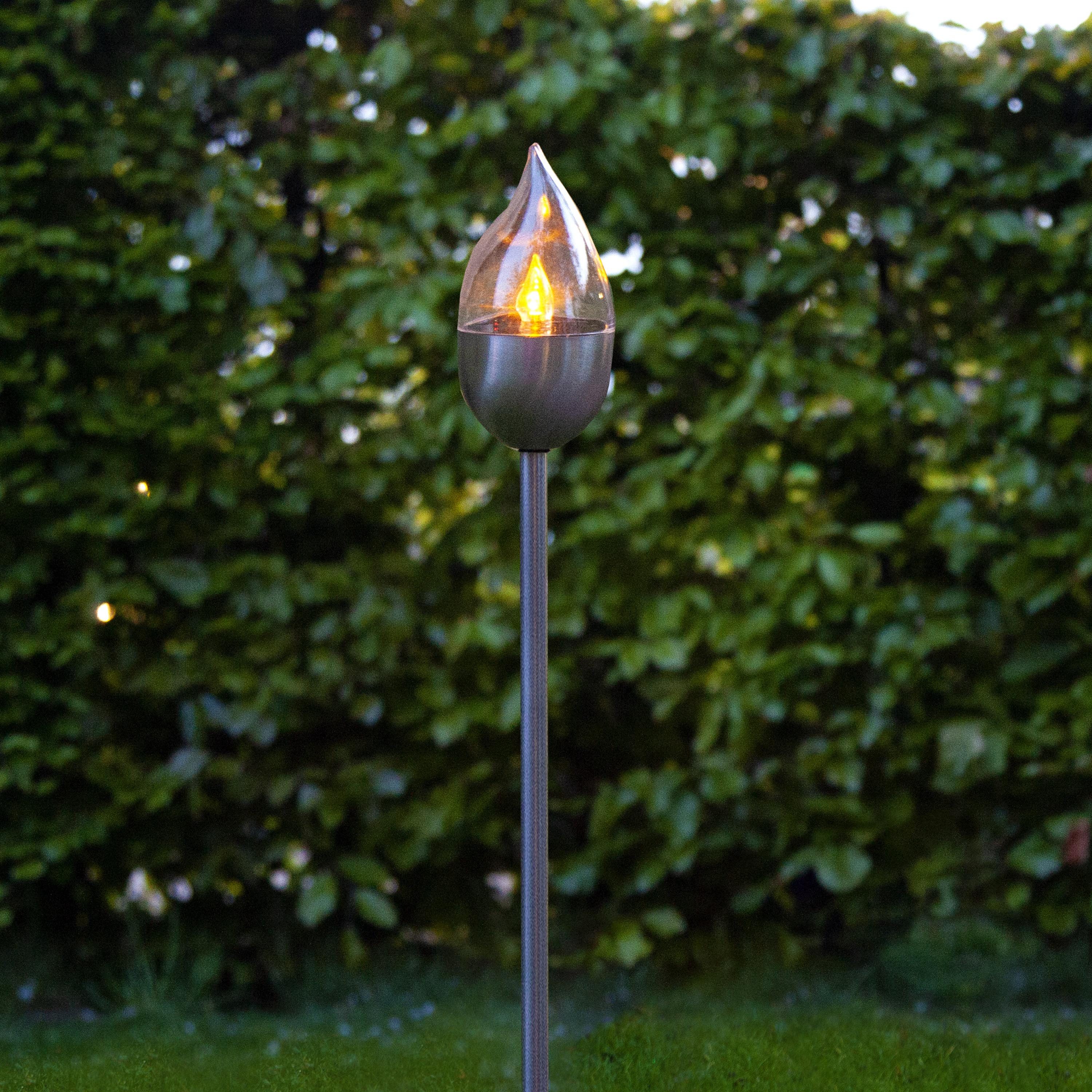 STAR TRADING LED Solarleuchte Olympos, Große Solar-Fackel,Olympos' aus Edelstahl, Gartenspieß mit flackernde, LED Solar Lampe