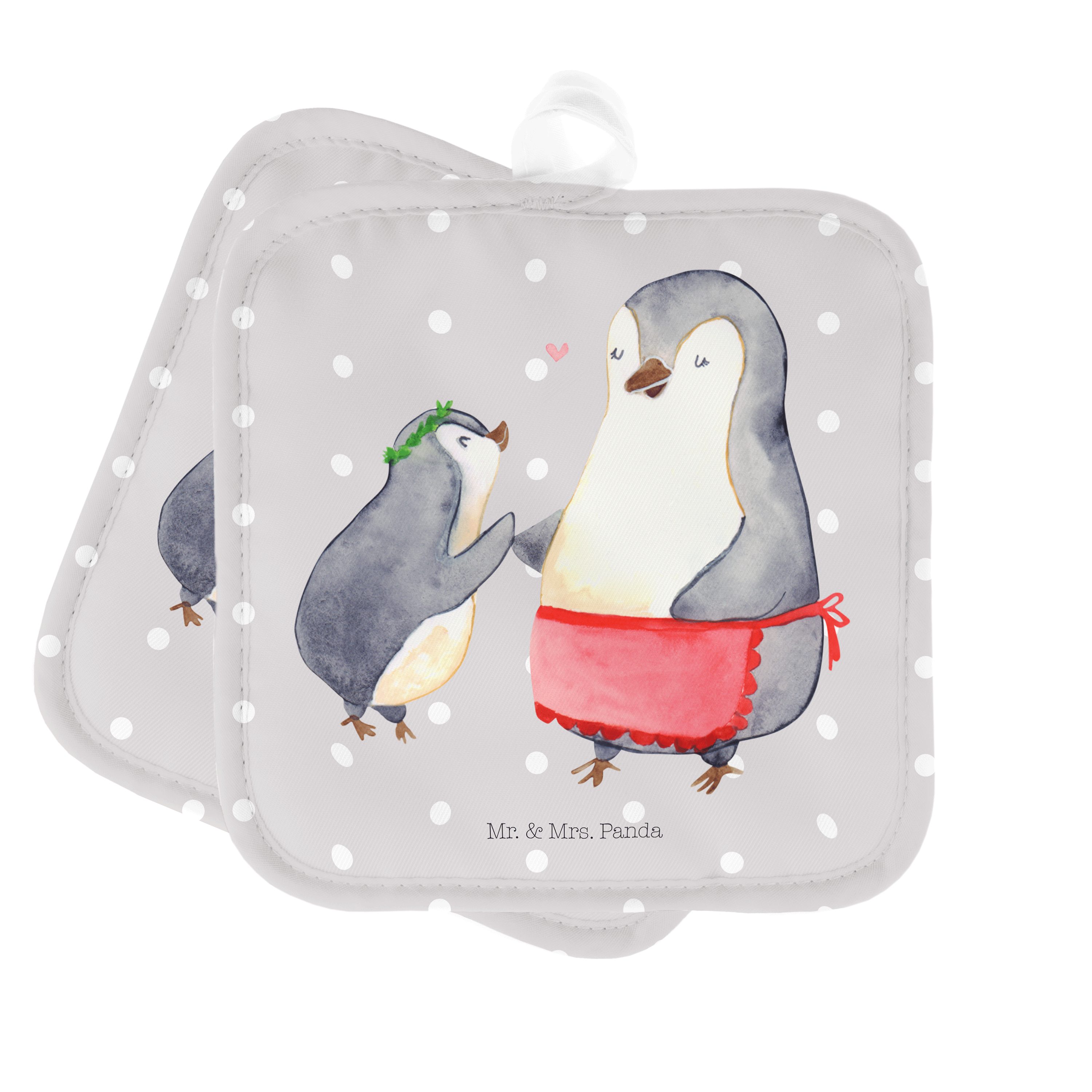 Mr. & Mrs. Panda Topflappen Pinguin mit Kind - Grau Pastell - Geschenk, Topflappen lustig, Topfla, (1-tlg)