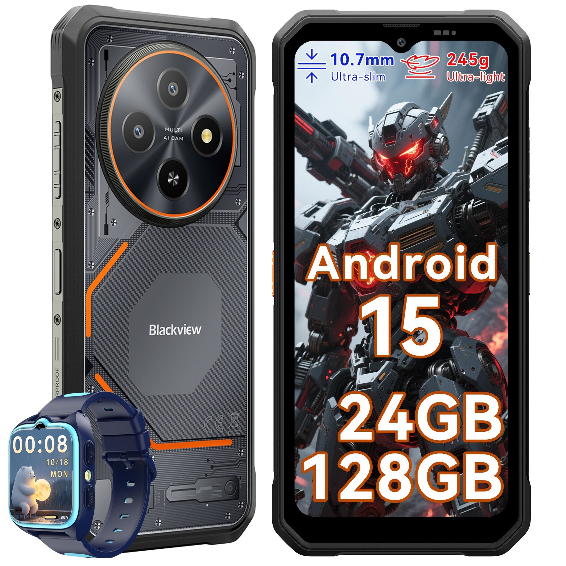 blackview FORT 2 incl. Kinder Smartwatch Ultradünnes Robust Smartphone (6.56 Zoll, 128 GB Speicherplatz, DokeOS 5.0, Android 15, 128/256GB, 16MP, 5W OTG)