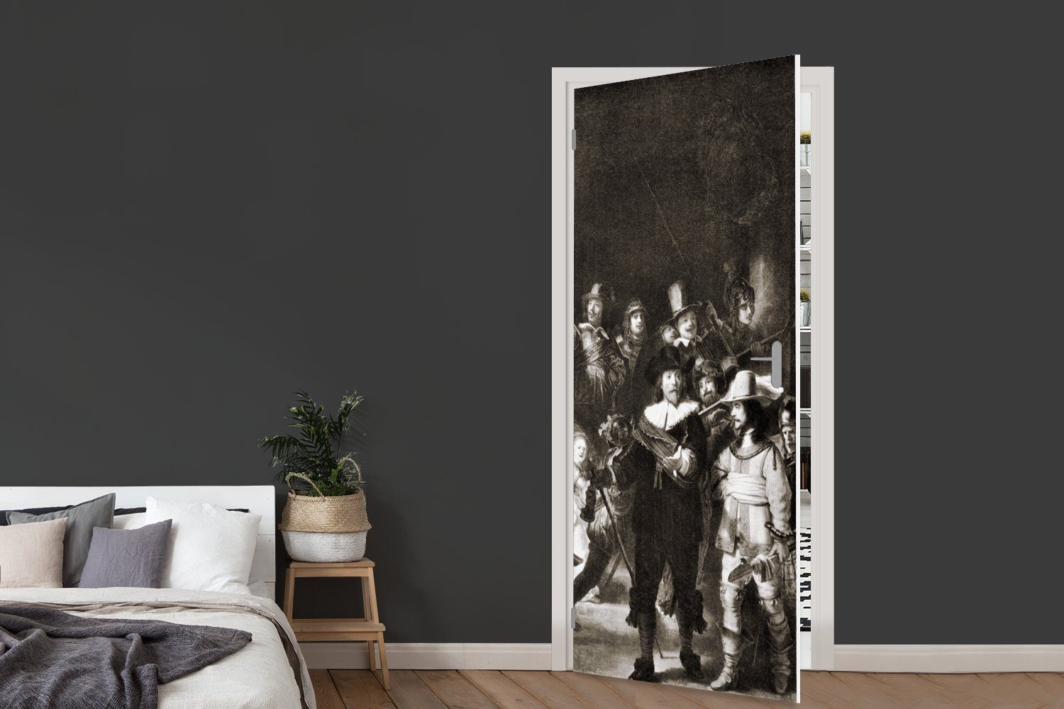 van Die Weiß (1 Tür, - für Matt, St), MuchoWow Türtapete Rijn, und in Nachtwache von Rembrandt bedruckt, Gemälde 75x205 cm Schwarz Türaufkleber, Fototapete