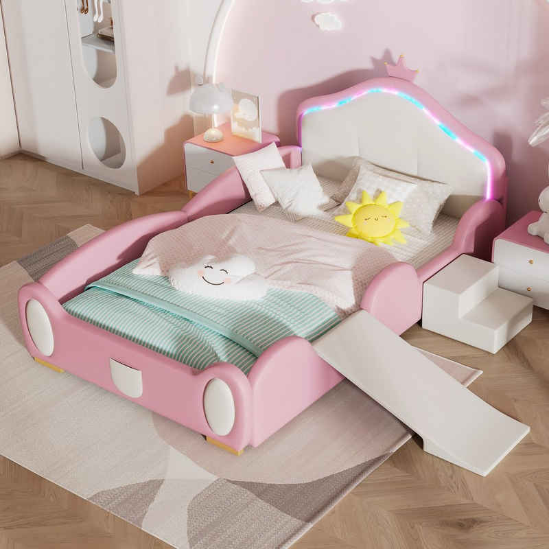 OKWISH Kinderbett Polsterbett Gästebett Hausbett Bett (Crown Cartoon Bett mit mehrfarbigem Multi-Mode-LED-Streifen, mit schützenden weichen Kanten,mit Holzlatten), mit kleiner Rutsche und Treppe, Ohne Matratze