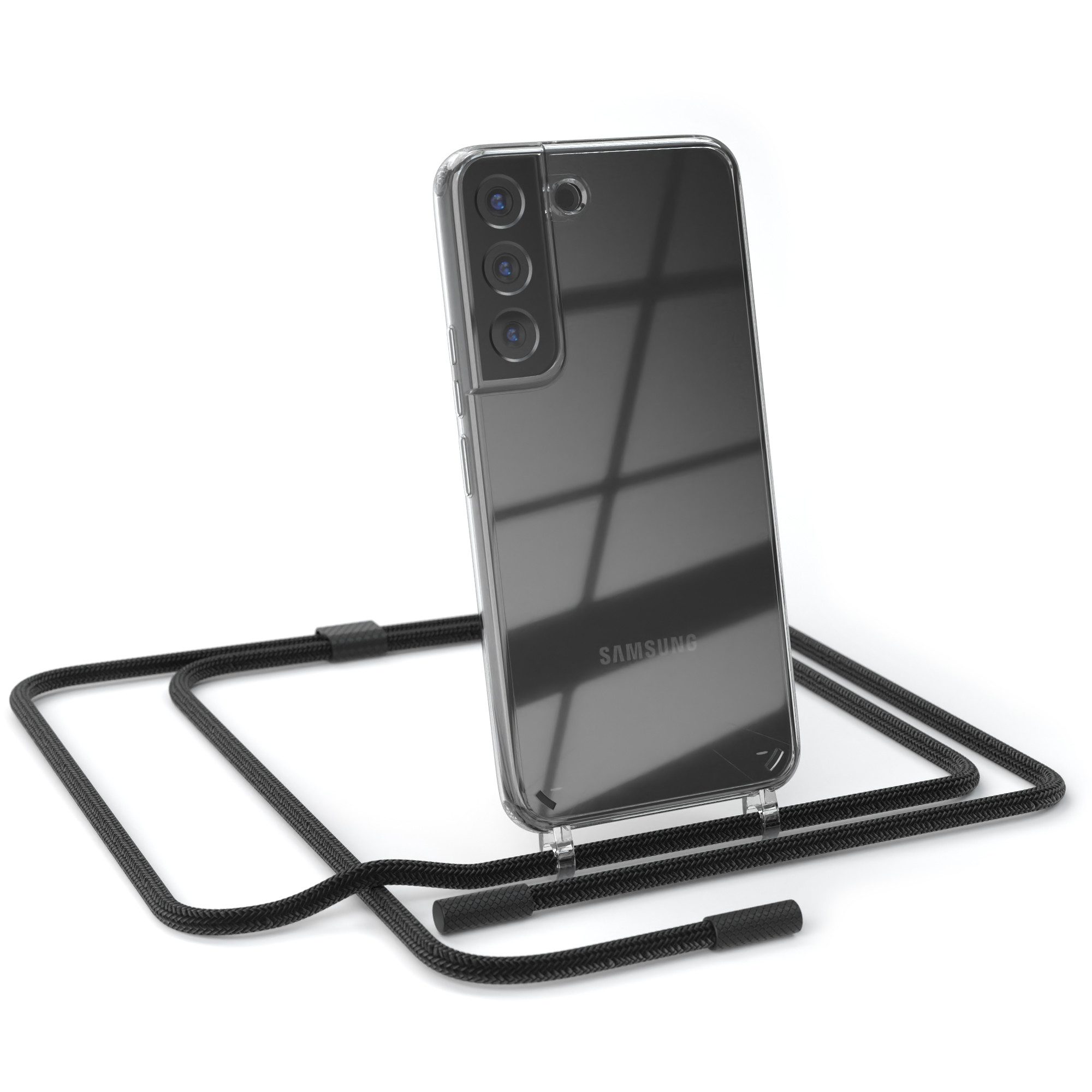 EAZY CASE Handykette Silikon Kette Unifarbe für Samsung Galaxy S22 5G 6,1 Zoll, Smartphonekette Cover Silikonhülle Umhängetasche Necklace Schwarz