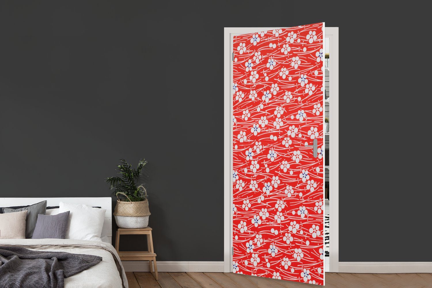Tür, weißes für Blumenmuster, Türtapete St), rotes Matt, Türaufkleber, und 75x205 bedruckt, cm (1 MuchoWow Ein Fototapete