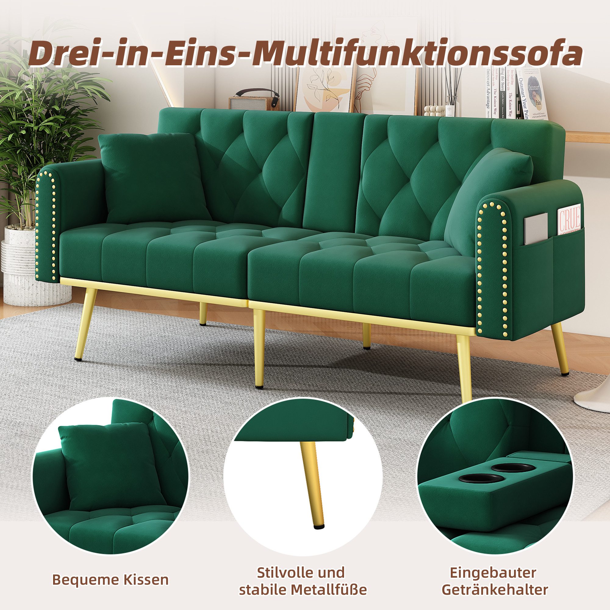 Merax Schlafsofa mit 3 verstellbaren Neigungswinkeln & ausklappbarer Liegefunktion, 2 sitzer Klappsofa Polstersofa mit bettfunktion 1 Teile, Sofa klappbar mit G – Bild 3 von 5