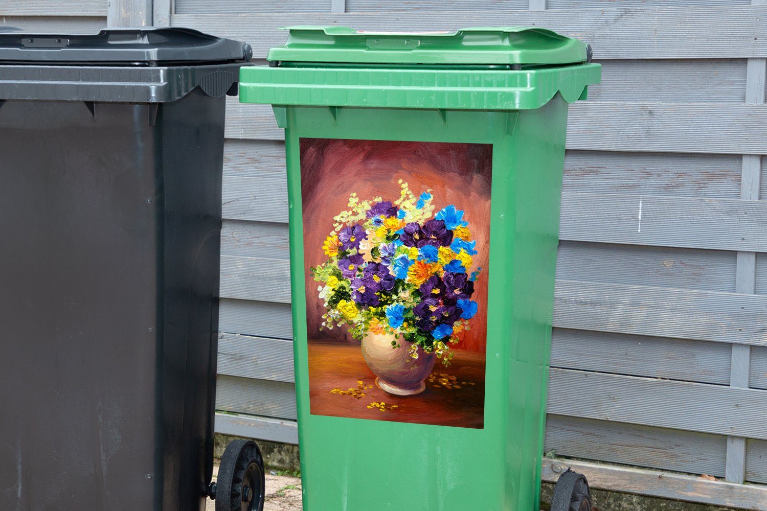 Sticker, Mülltonne, Ölfarbe Mülleimer-aufkleber, Blumenstrauß (1 Frühling Abfalbehälter Container, MuchoWow Wandsticker - - St),