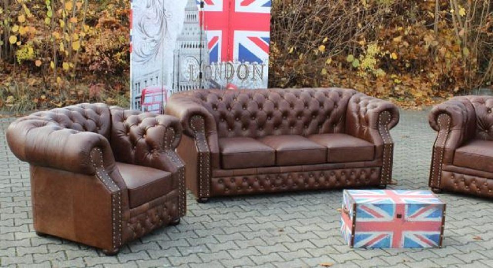 JVmoebel Sofa Chesterfield 3+2+1 Vintage Echtleder Sofagarnitur Oxford Sofa  Couch, Made in Europe