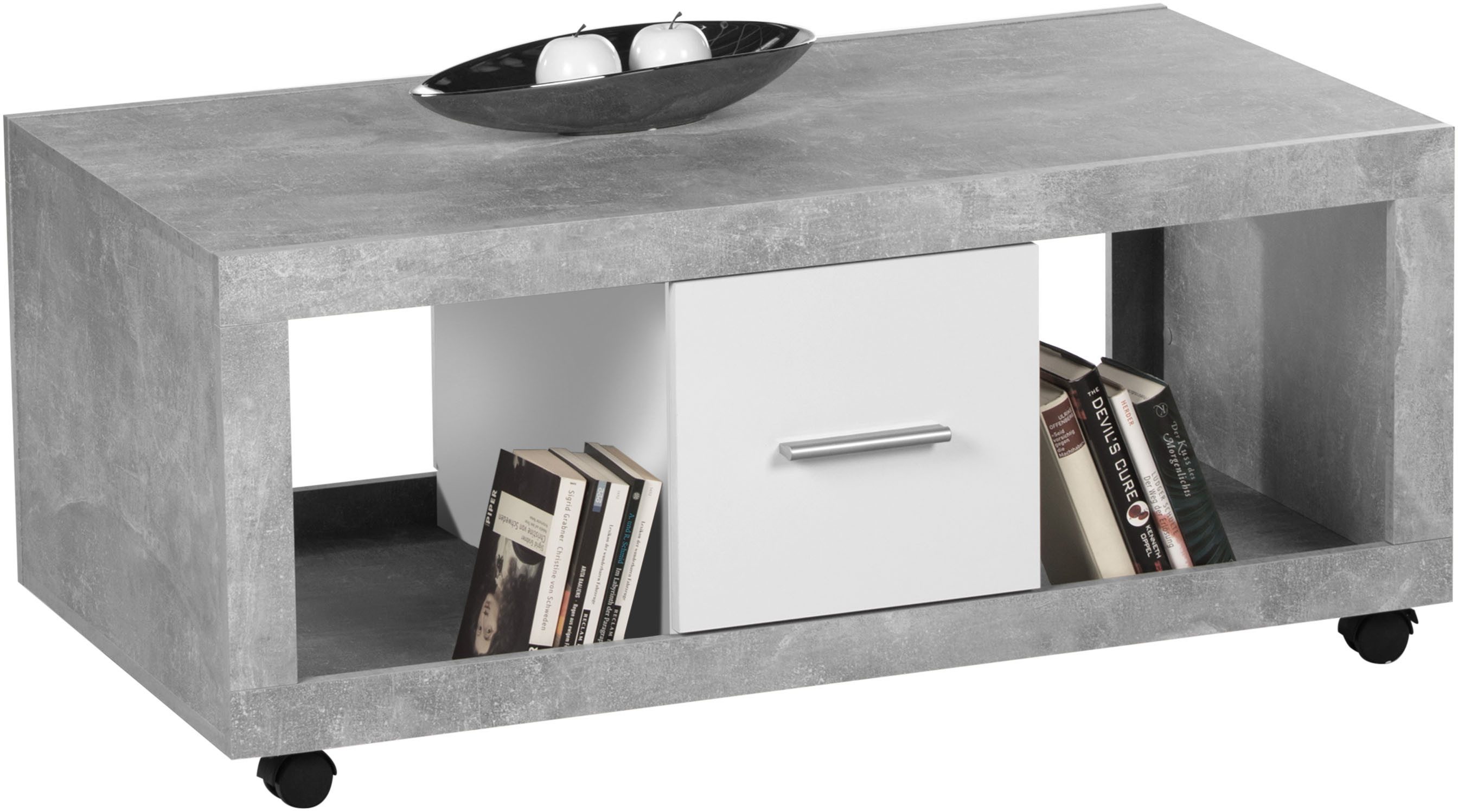 Couchtisch Stone rollbar mit Schubkästen, Beton weiß, BxHxT 115x50x60 cm