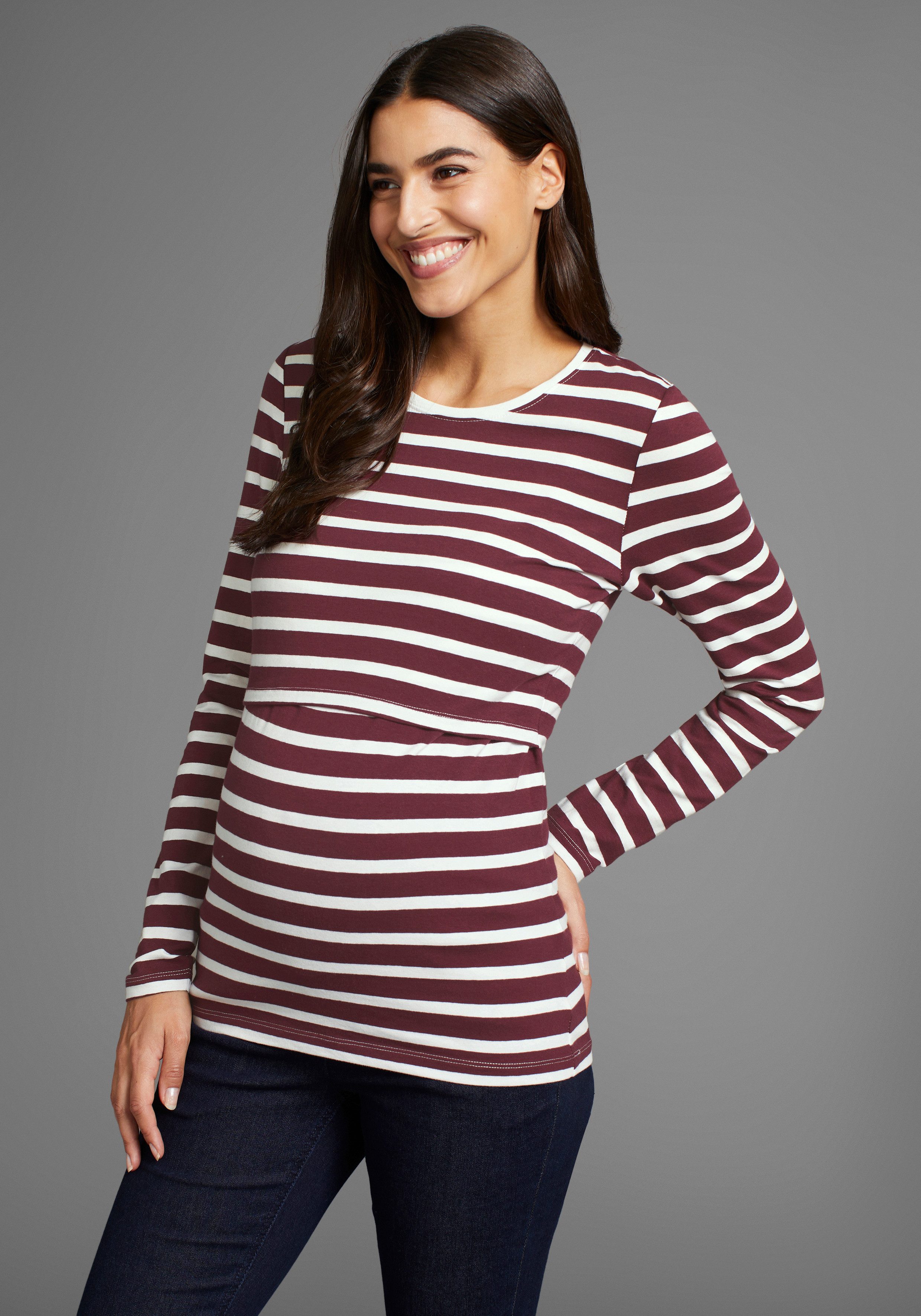 Neun Monate Umstandsshirt, 2er Pack Shirts für Schwangerschaft und Stillzeit (Packung, 2-tlg., 2) Langarm, figurbetont, unifarben oder geringelt